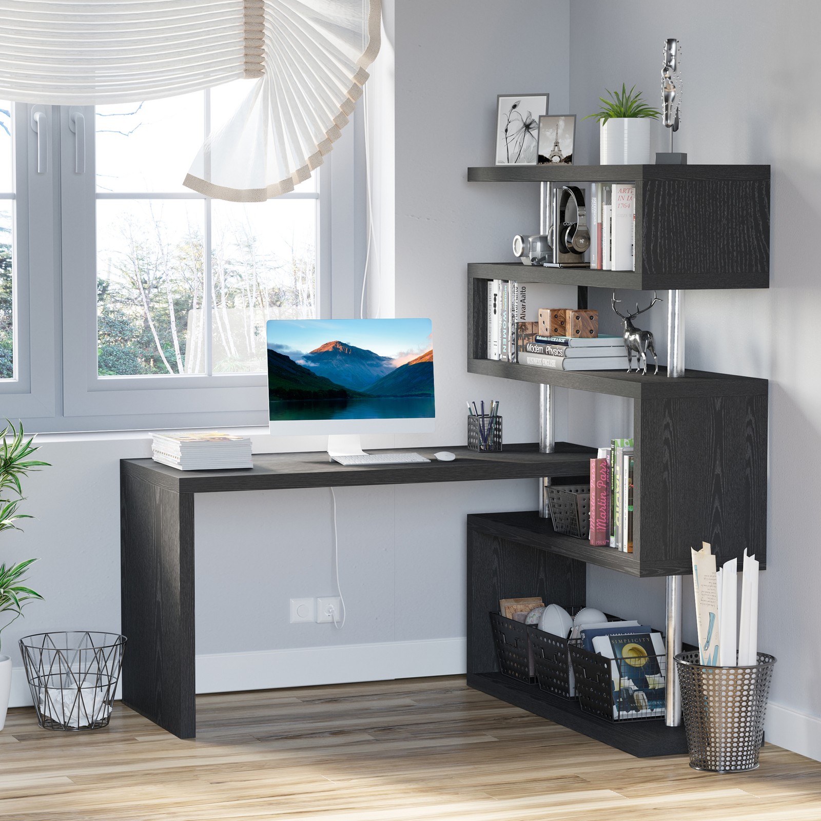 Hollow Core Hobby Corner Desk Computer Table Rotating 4 Tier Shelf Combo, Black