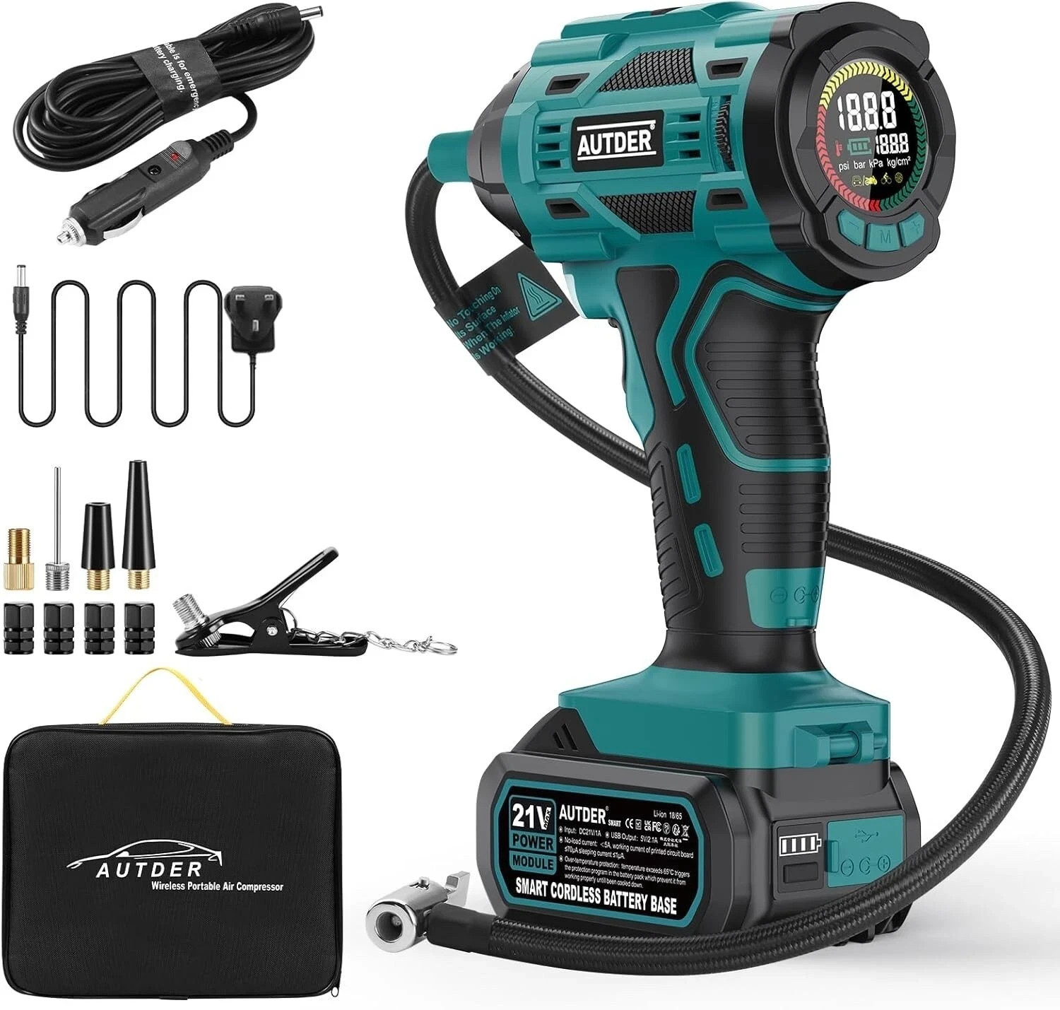 AUTDER Corded/Cordless Portable Handheld Tire Inflator Air Compressor 21 Volt Li