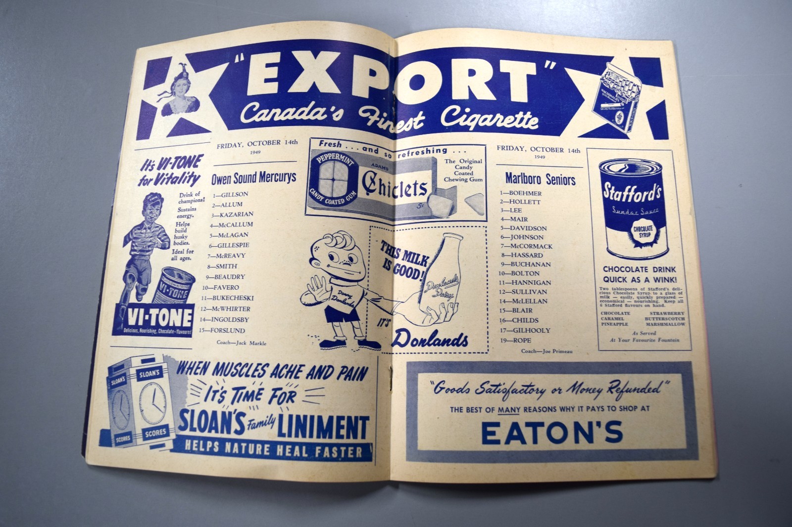 Owen Sound Mercurys Vs Marlboro Seniors October 14th 1949 Official Game Program