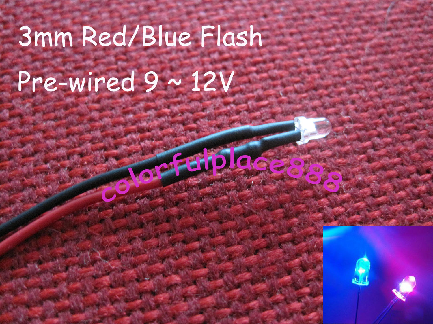 20pcs, 3mm Red Blue Flash Flashing 9V 12V DC Pre-Wired Water Clear LED Leds 20CM