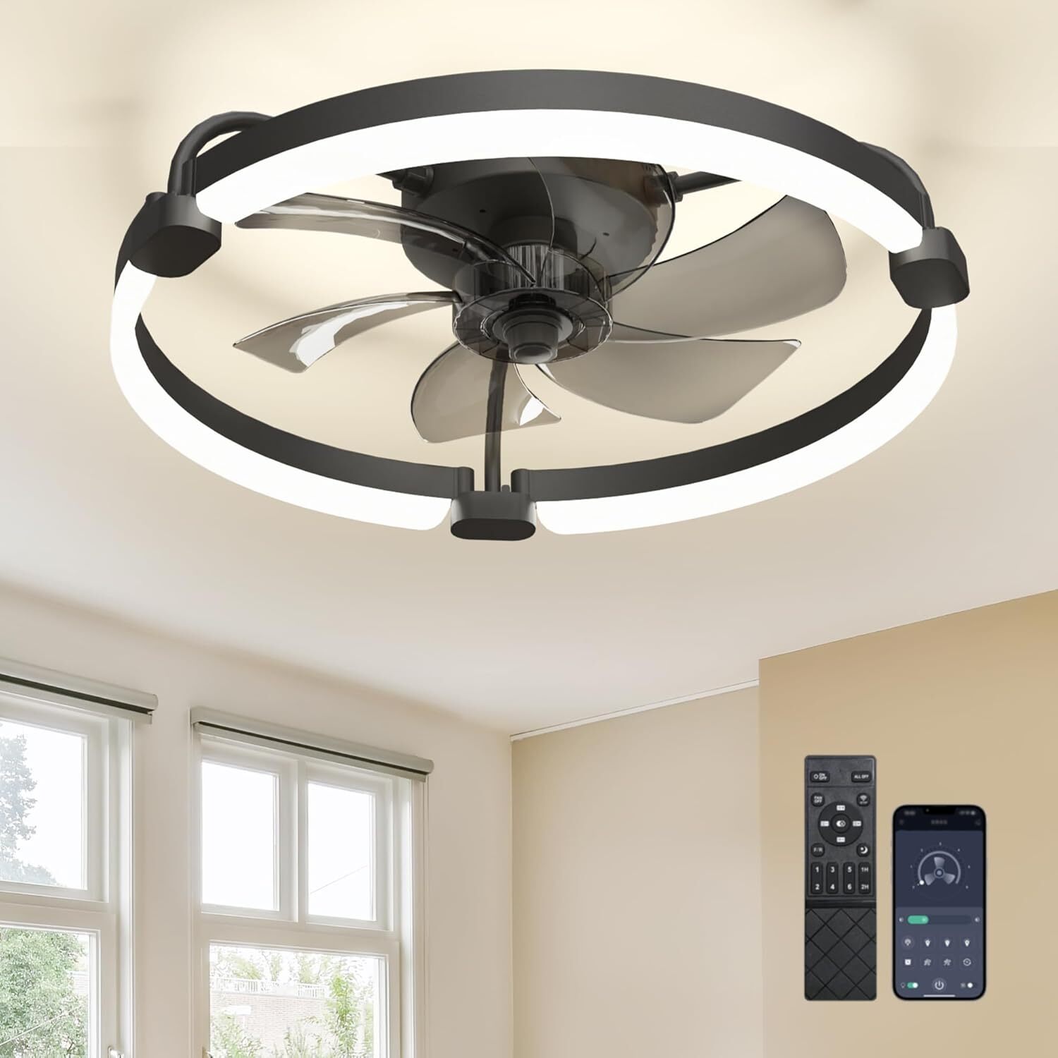 20'' Low Profile Ceiling Fan with Light and Remote Control, 6 Speed Black