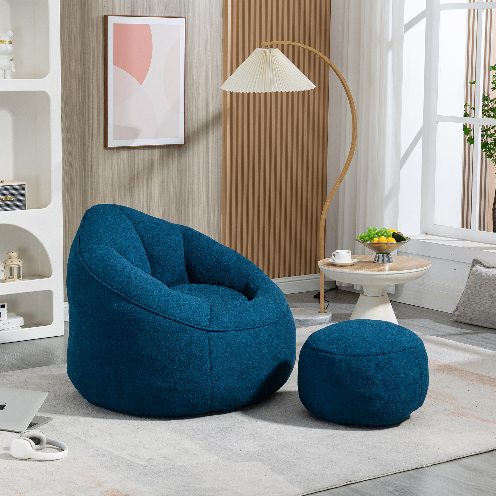Bean Bag Sofa Chair High Pressure Foam Bean Bag Chair with Padded Footrest Blue