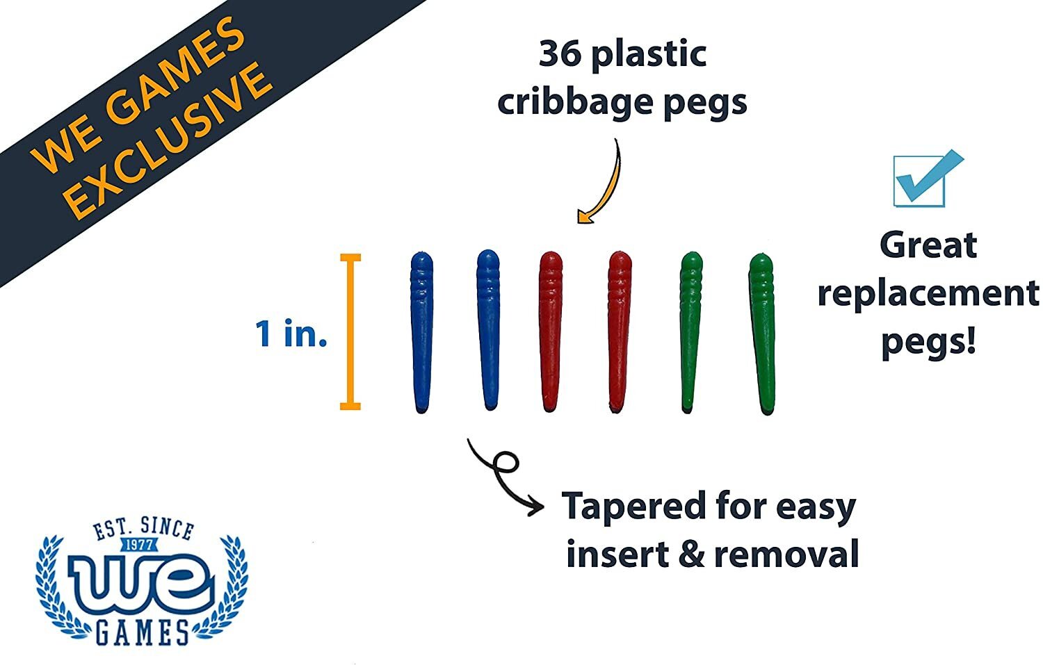 WE Games Bulk Pack, Tapered Plastic Cribbage Pegs, Includes 36, Red, Blue, Green