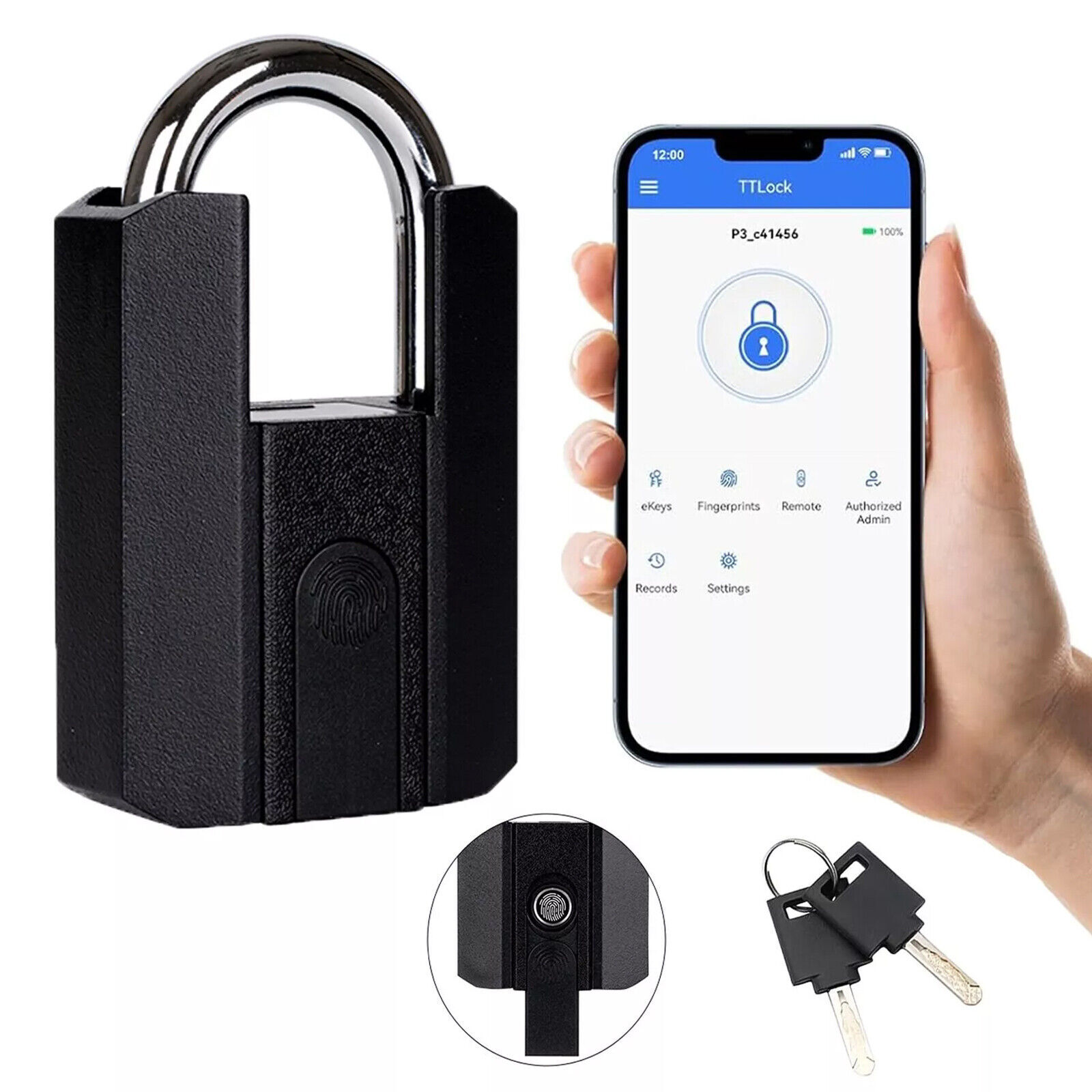 Smart Waterproof Bluetooth Fingerprint Padlock Locker Lock W/ 2 Keys Black