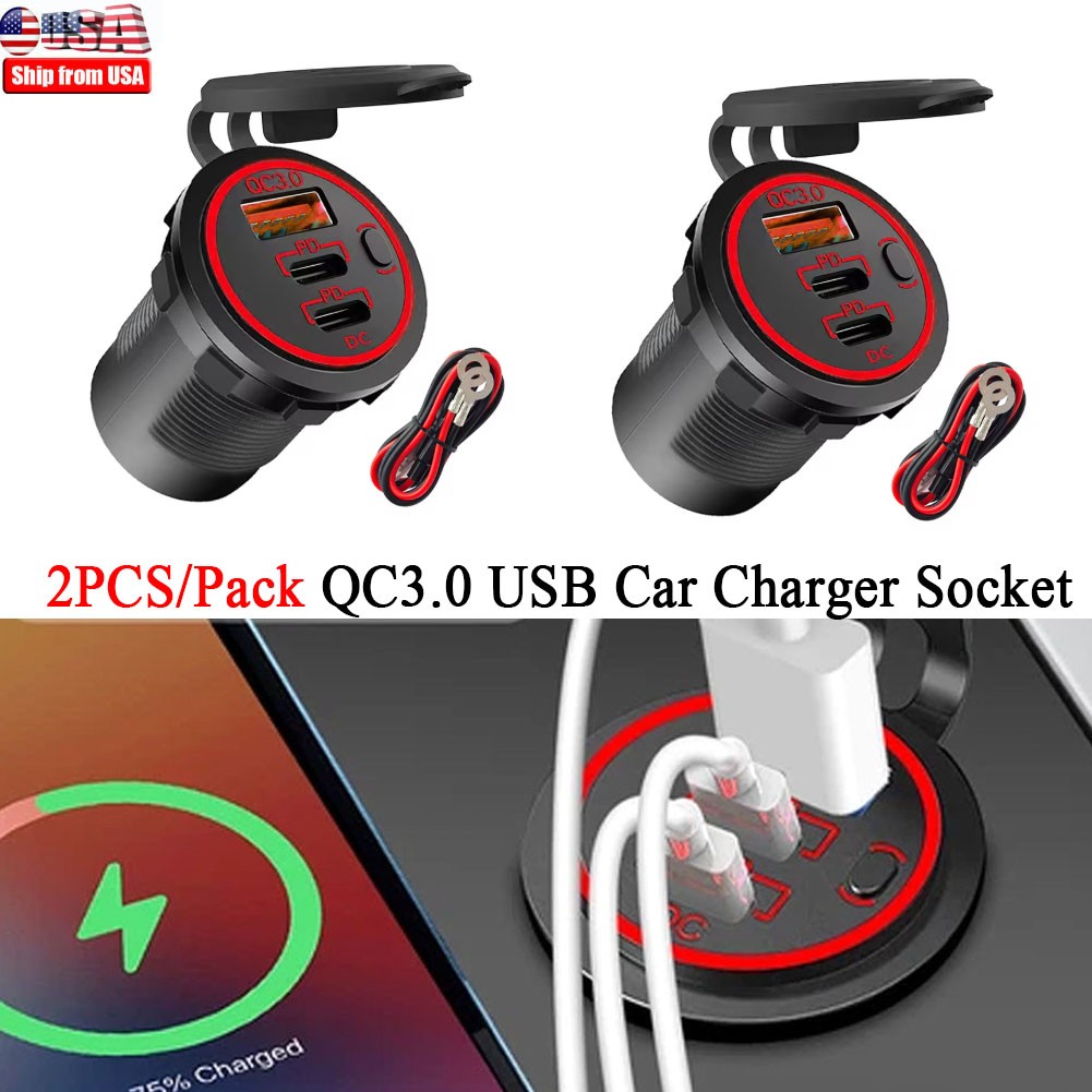 2PCS Car Charger PD QC Socket 12V/24V Quick Charge 3.0 Dual USB Port Red Light