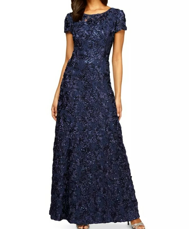 NWT Alex Evenings Short Sleeve Lace Sequin Rosette A-Line Gown Navy Dress Sz 14W