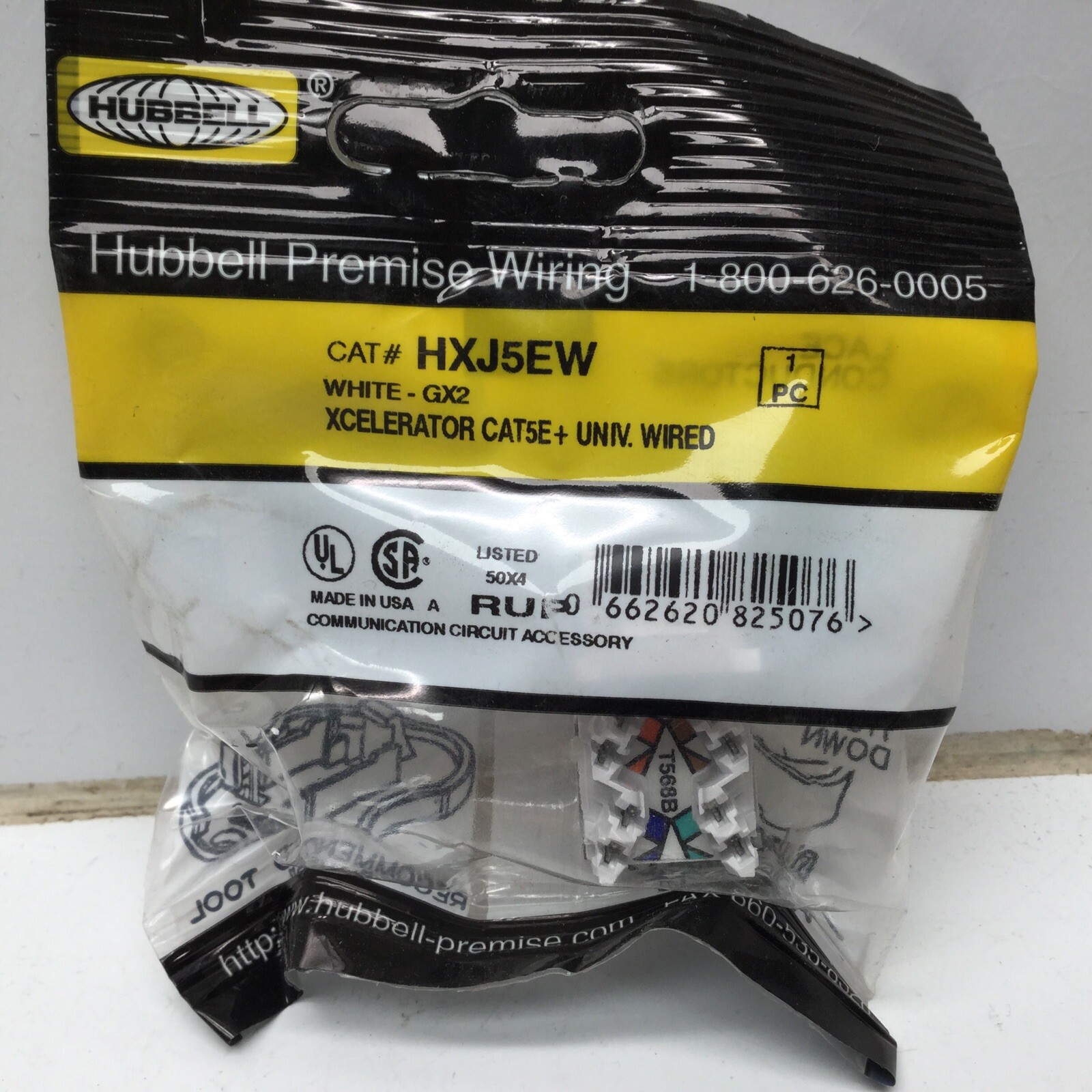 HUBBELL PREMISE WIRING HXJ5EW Telephone/Data, Jack, XCELERATOR Cat 5E, White 3PK