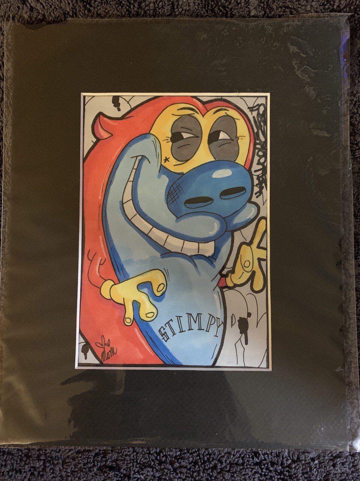 8 X 10 Matted Frame Drawing Shortiez Ink Marker Artwork Stimpy Cartoon Blue