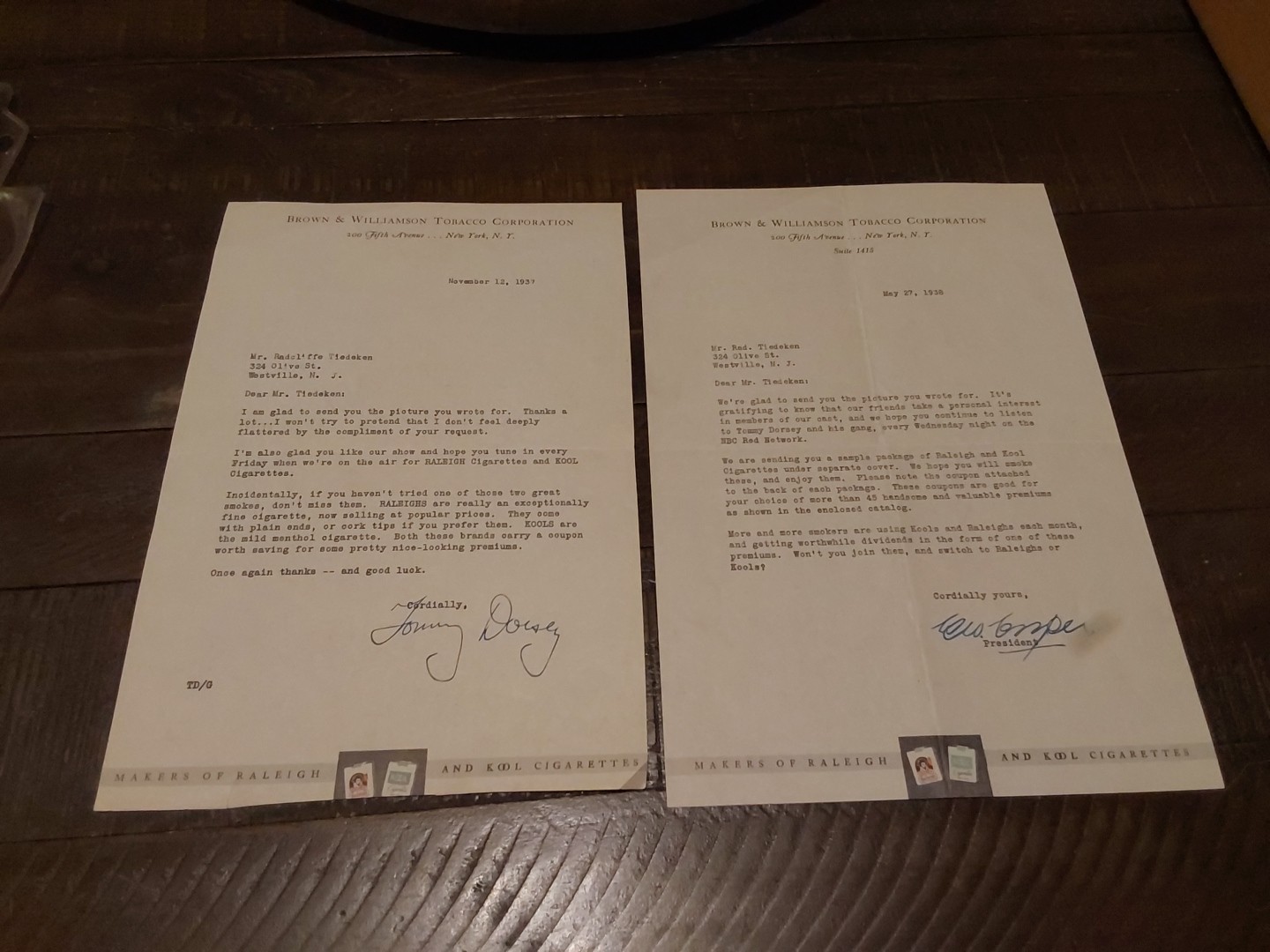 1937 Tommy Dorsey Brown & Williamson Tobacco Promo Letter Kool Raleigh Cigarette