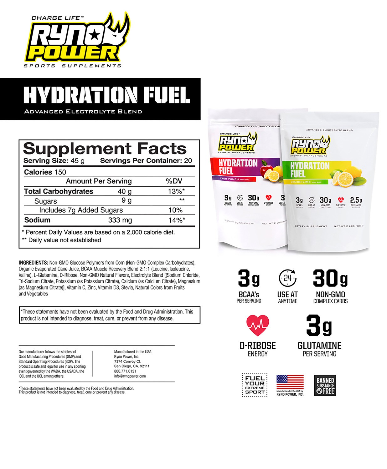 Ryno Power Hydration Fuel Fruit Punch Single Serving Electrolyte Drink