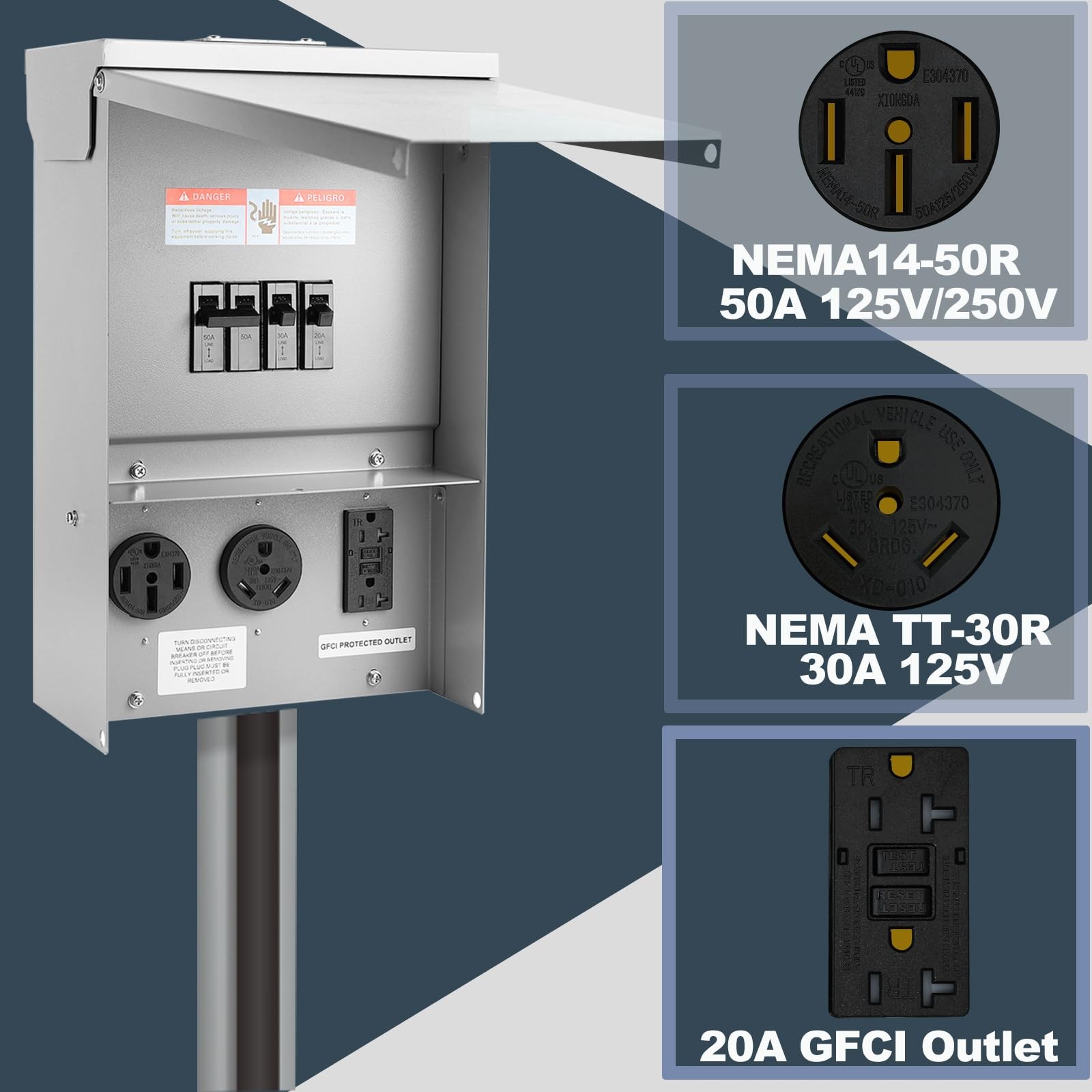 Electrical Outlet Boxes Temporary Power Panel Weatherproof RV Receptacle Box ...