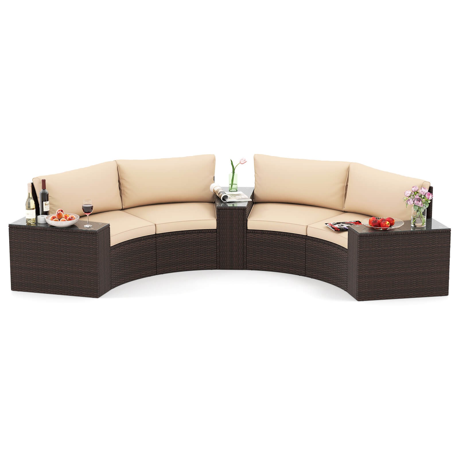 5 PCS Patio Furniture Set w/Tempered Glass Top Side Tables Back & Seat Cushions