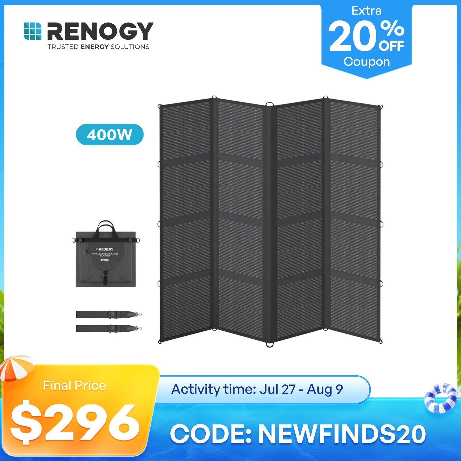 Renogy N-Type 400W Foldable Solar Panel For Power Station SUV RV Marine Camping