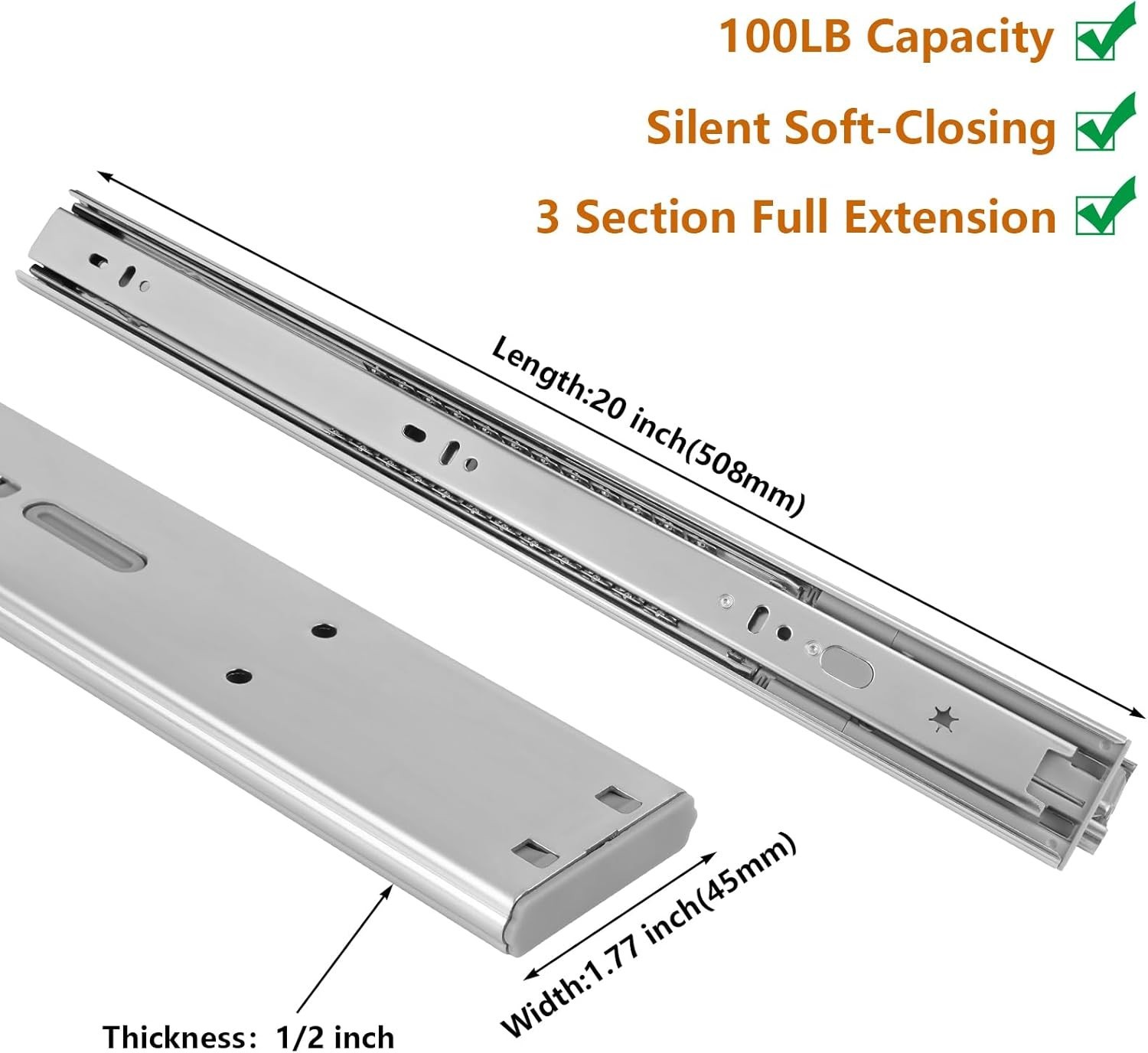 10-Pack 20in Side Mount Soft Close Drawer Slides - Durable Ball Bearing System