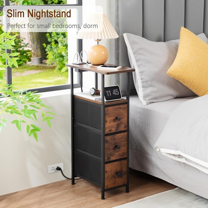 Slim End Table W/ Charging Station USB Ports Storage Drawers Small Spaces