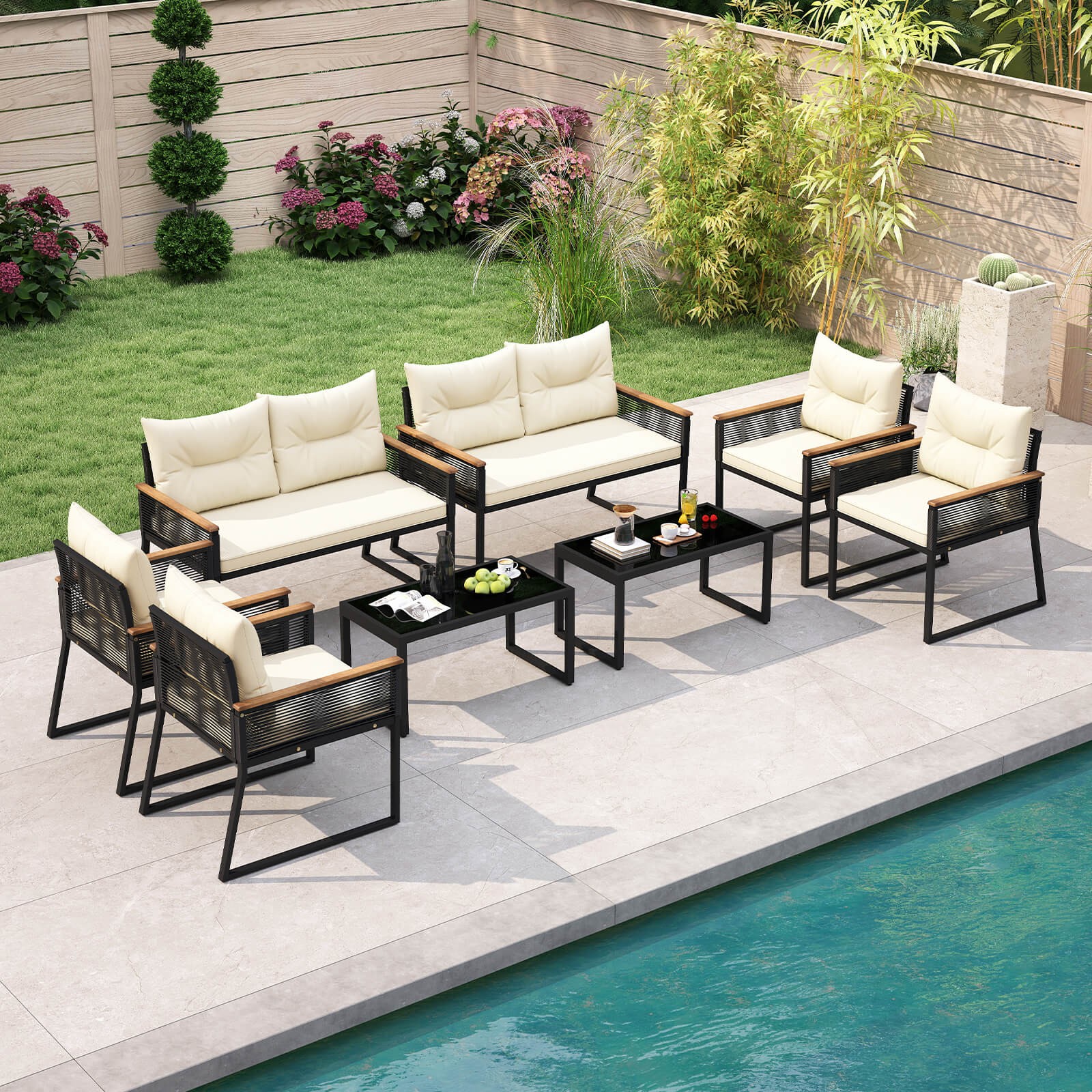 8 PCS Patio Furniture Set w/Tempered Glass Coffee Table PE Wicker Rattan Chairs