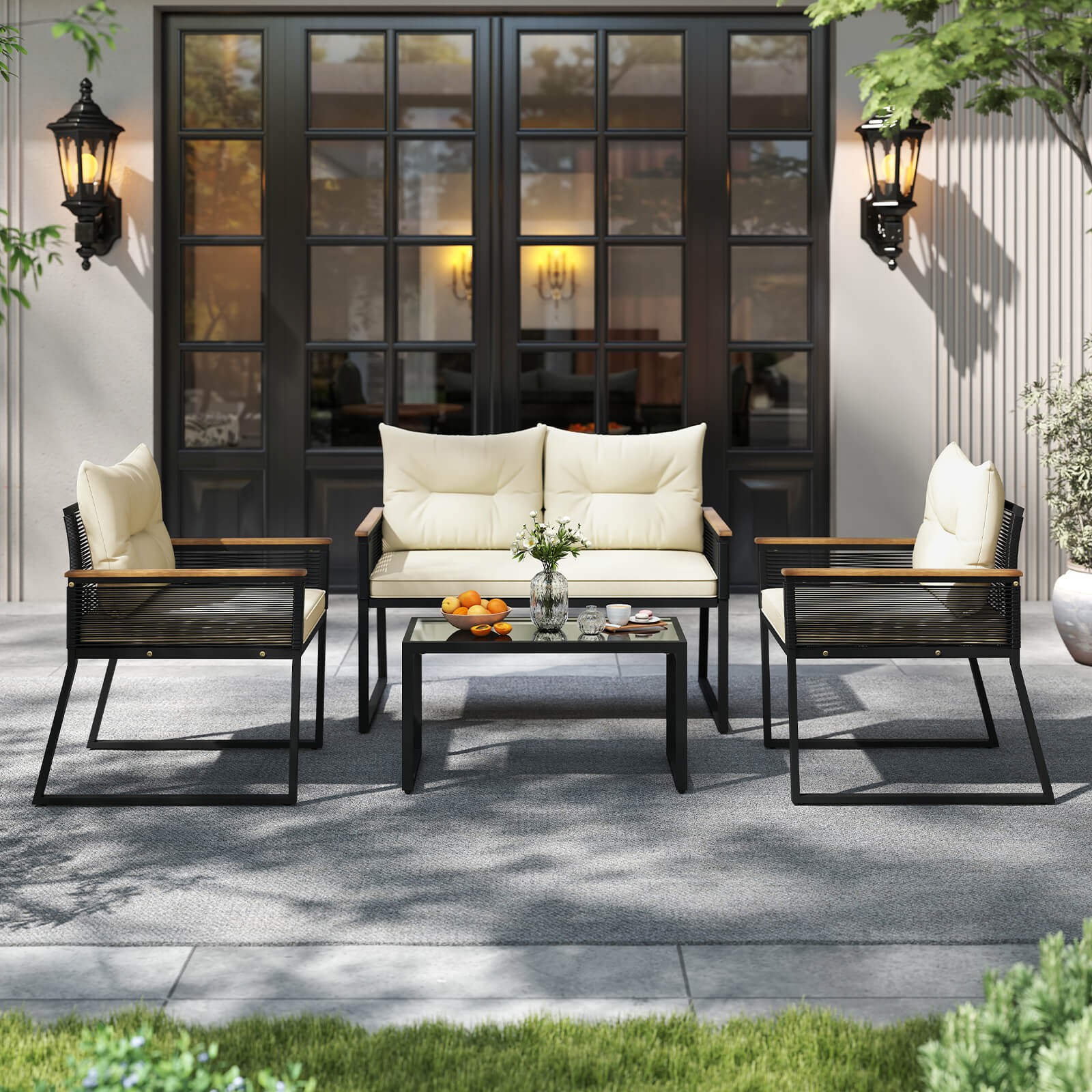 8 PCS Patio Furniture Set w/Tempered Glass Coffee Table PE Wicker Rattan Chairs