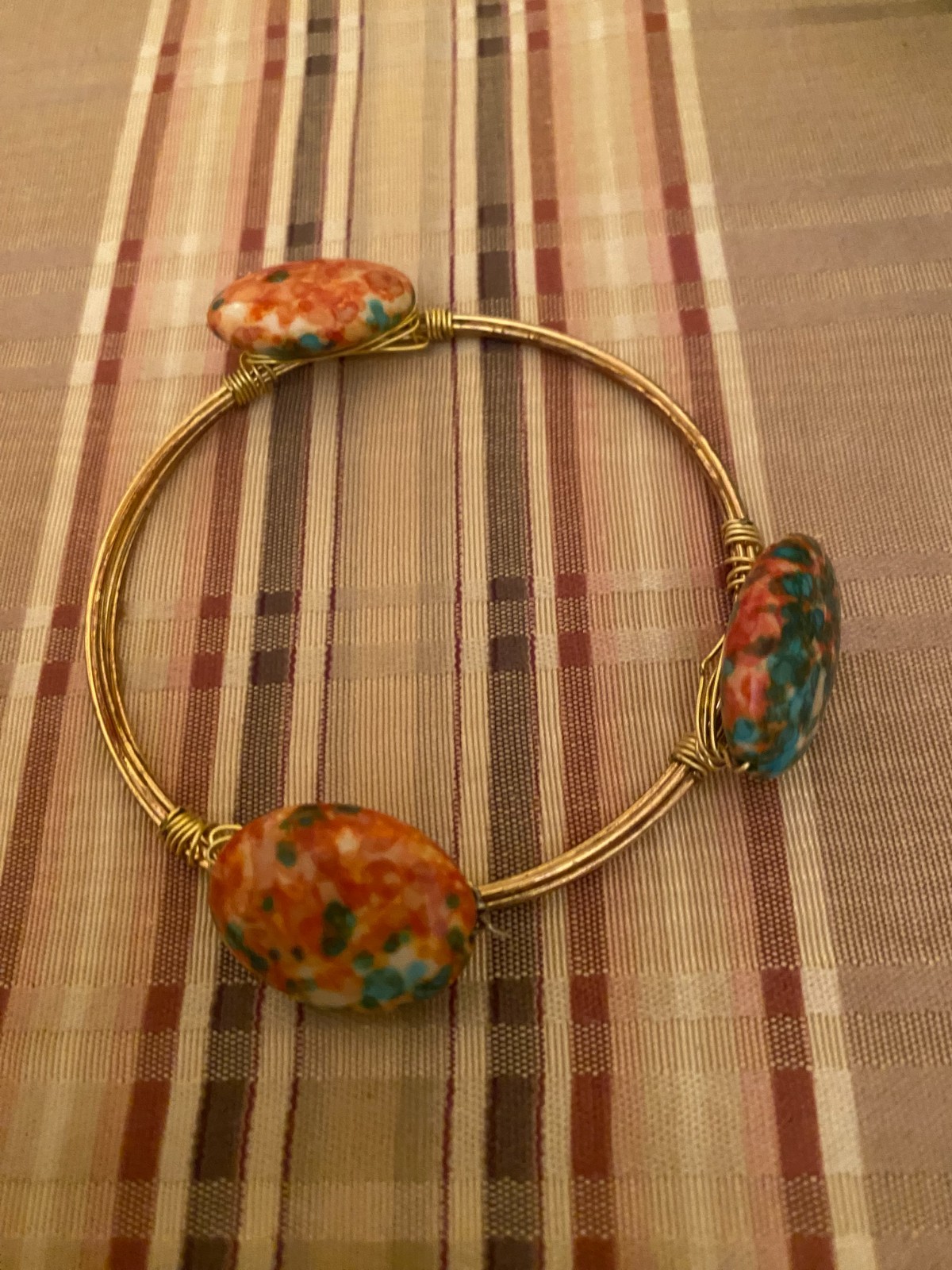 Handcrafted Wire Wrapped Bangle Bracelet Three Oval Turquoise or Reddish Orange