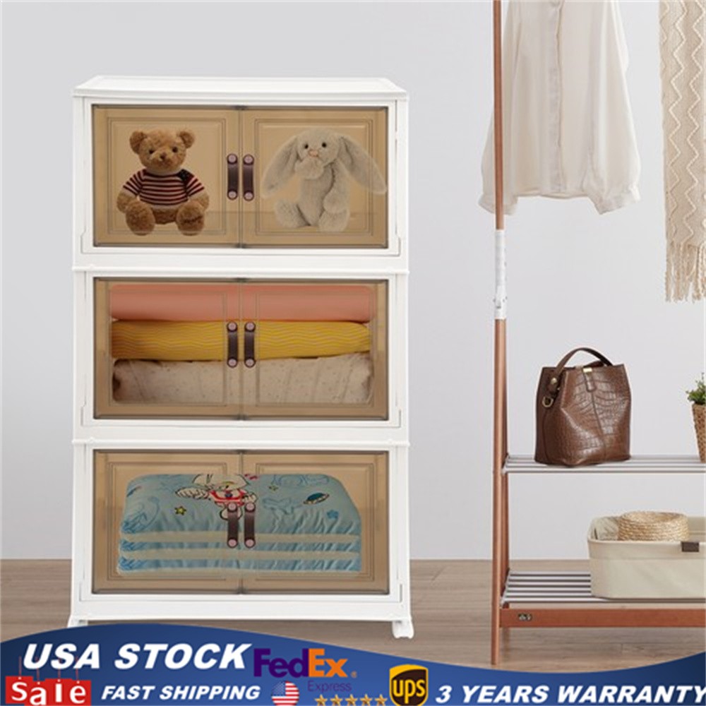 3-Tier Stackable Storage Bins with Lids & Wheels Foldable Closet Organizer Box
