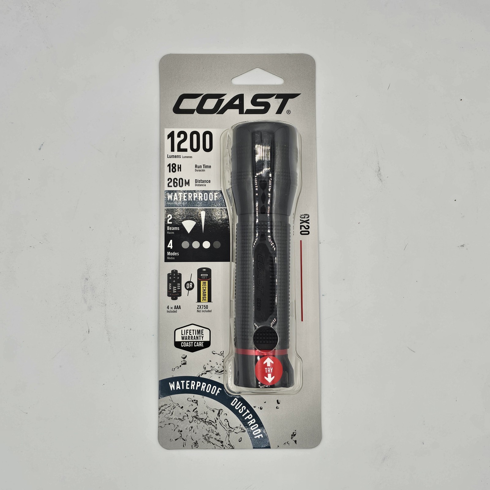 NEW - COAST GX20 WATERPROOF DUAL POWER LED RECHARGEABLE FLASHLIGHT 1200 LUMENS