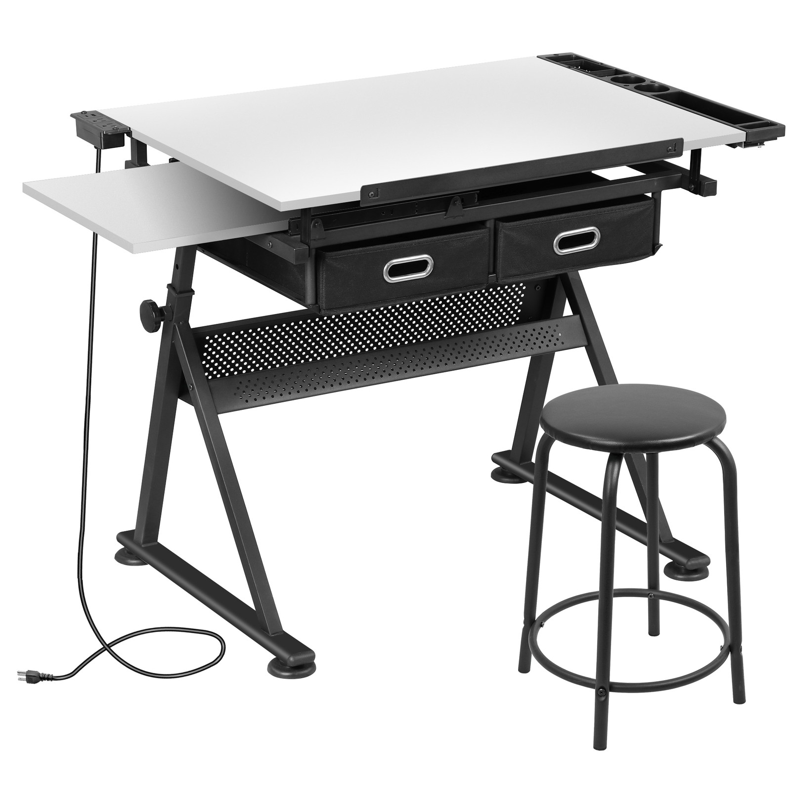 Adjustable Drafting Drawing Table Tabletop Tiltable w/ Stool & Outlet White