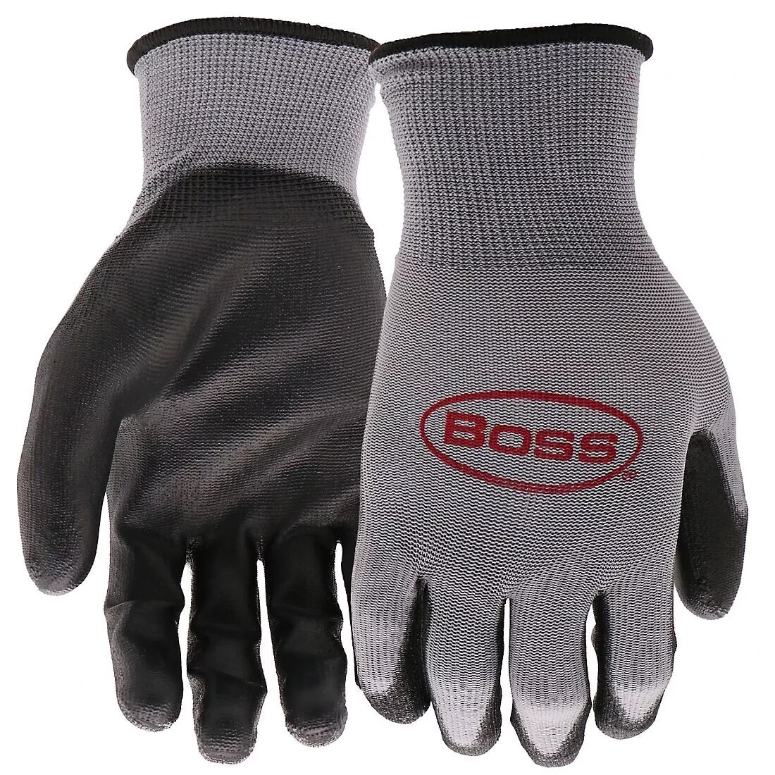 Boss Men's Tactile Grip Polyurethane Coated Work Black Gloves, Large, 15 Pairs