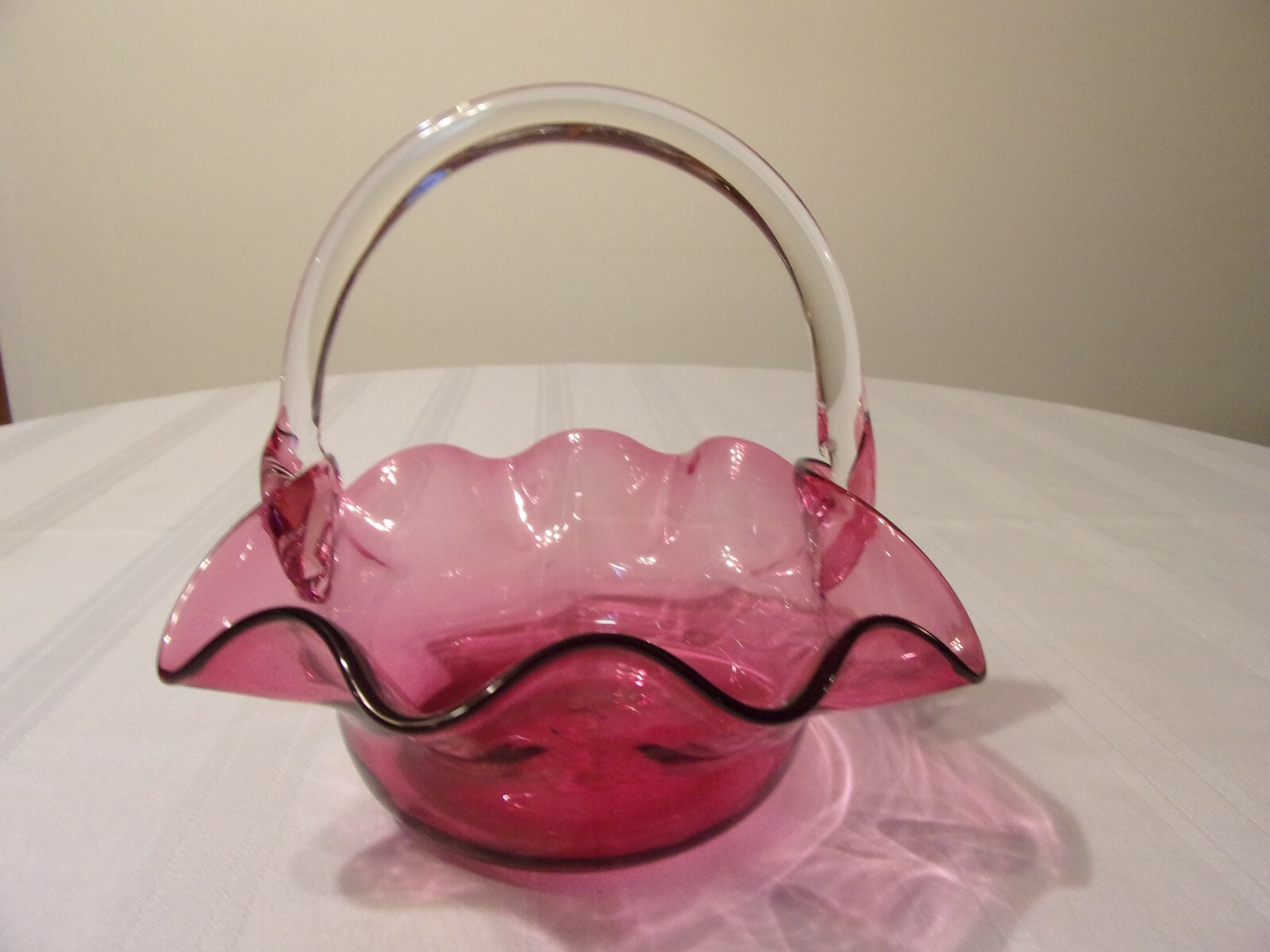 NICE CRANBERRY GLASS HAND BLOWN BASKET WITH CLEAR HANDLE