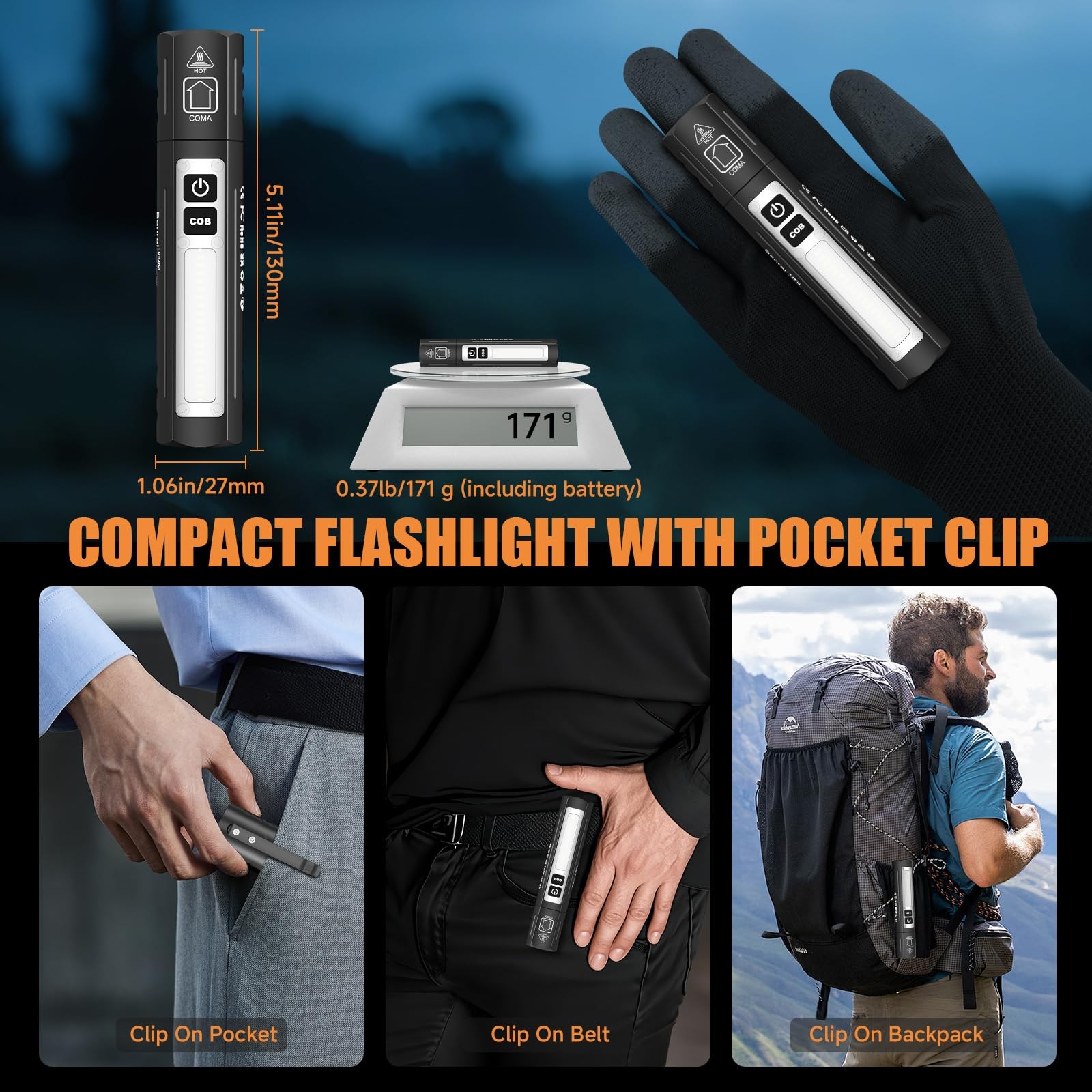 Rechargeable Magnetic Small Flashlights High Lumens - Super Bright Black