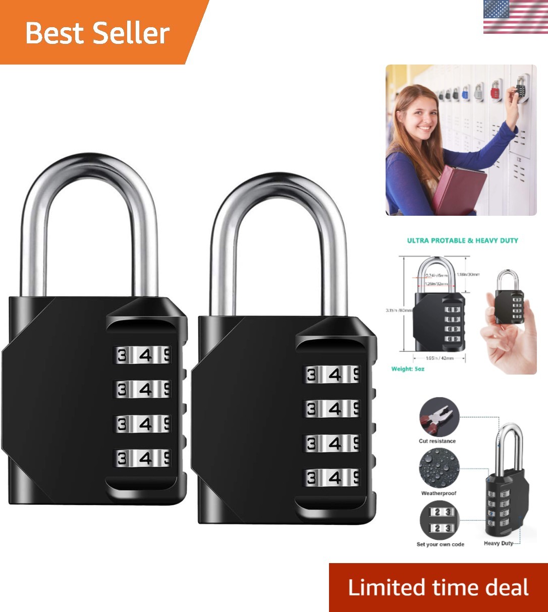 Heavy Duty Waterproof 4 Digit Combination Padlocks – 2 Pack for Maximum Security