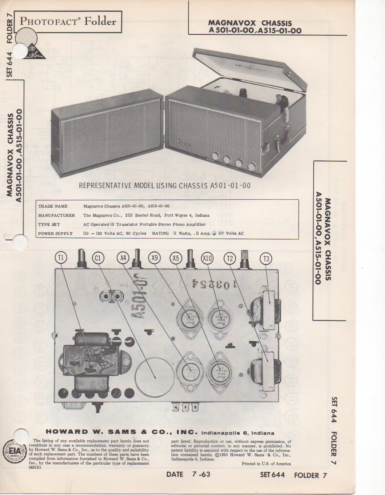 1963 MAGNAVOX A501-01-00 RECORD PLAYER CHANGER AMP SERVICE MANUAL A515-01-00