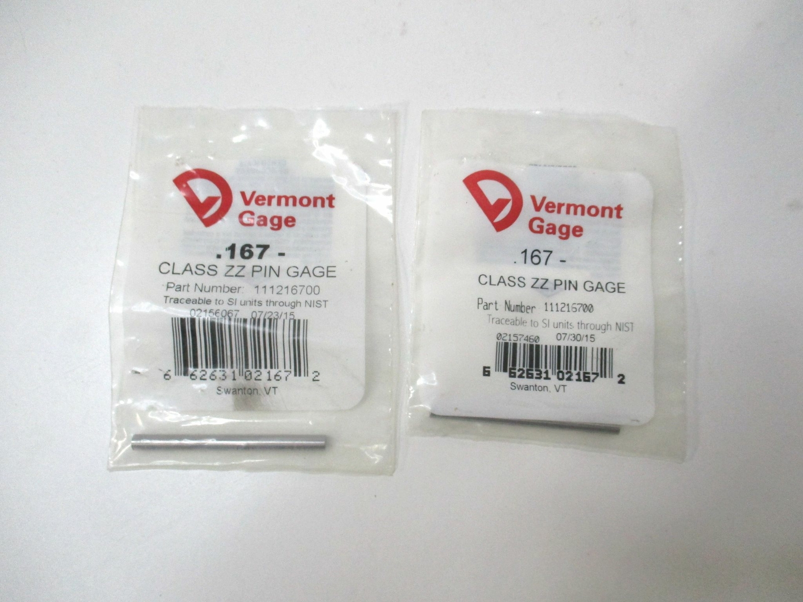 Vermont Gage (111216700) 0.167" Tolerance Class ZZ Steel No-Go Pin Gage - Qty 2