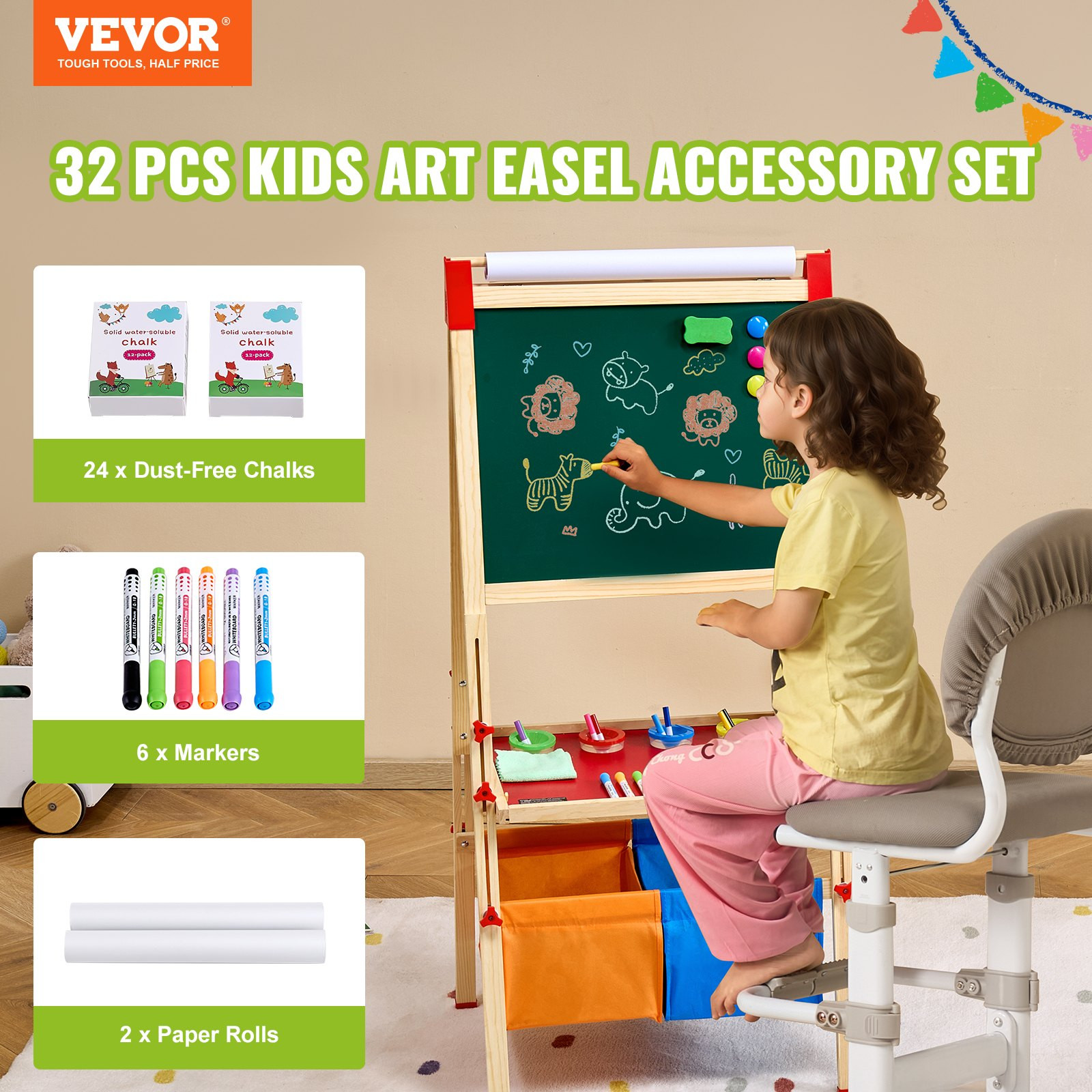 VEVOR Easel Accessory Set, 32 PCS Kid's Art Easel Painting Kit Including Chalks,