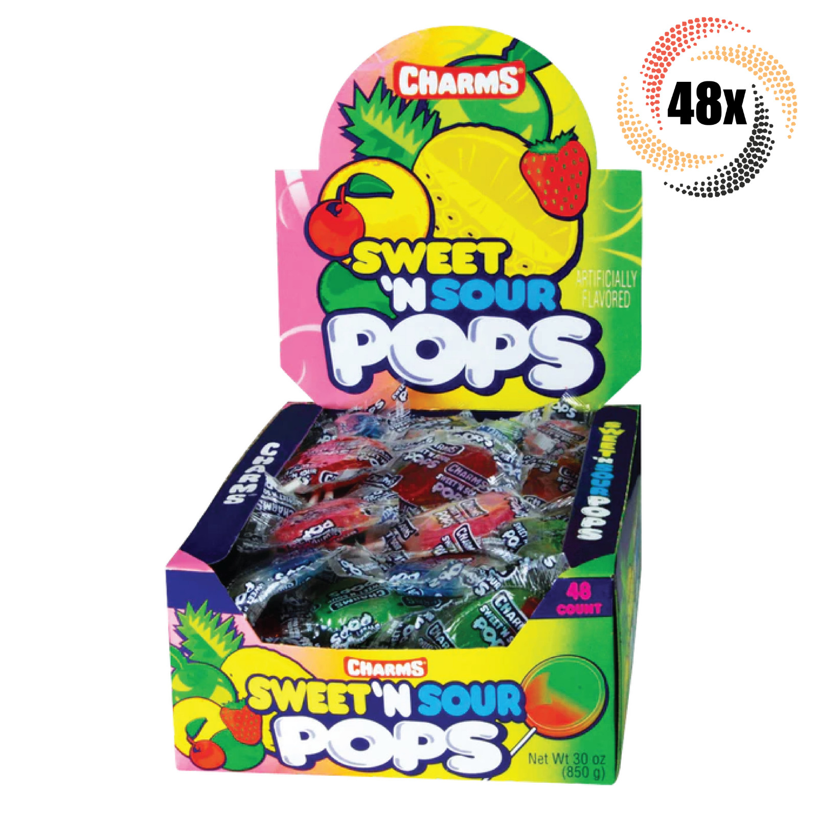 Full Box 48x Pops Charms Sweet 'N Sour Assorted Flat Pops Lollipops | .65oz