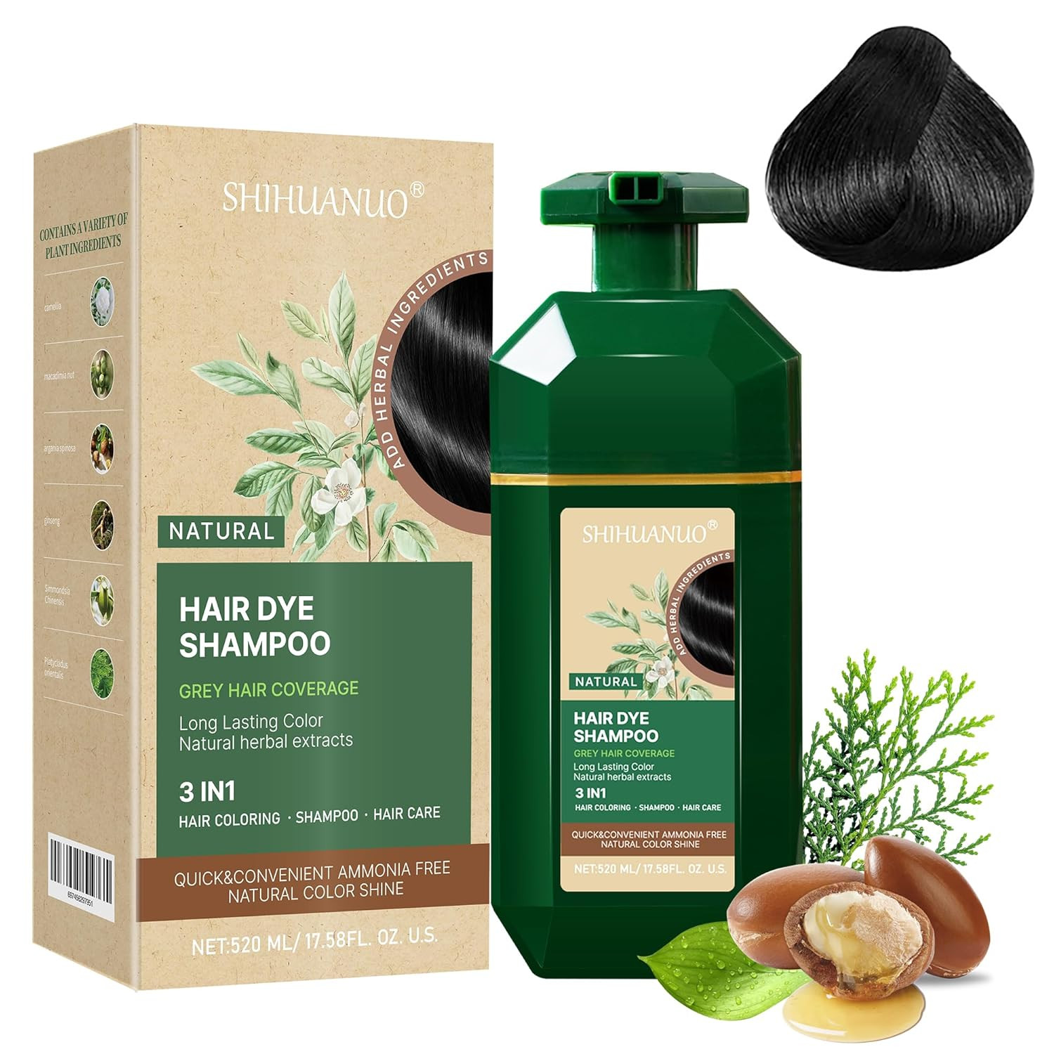 Champú para tinte de cabello negro 3 en 1 para cubrir canas
