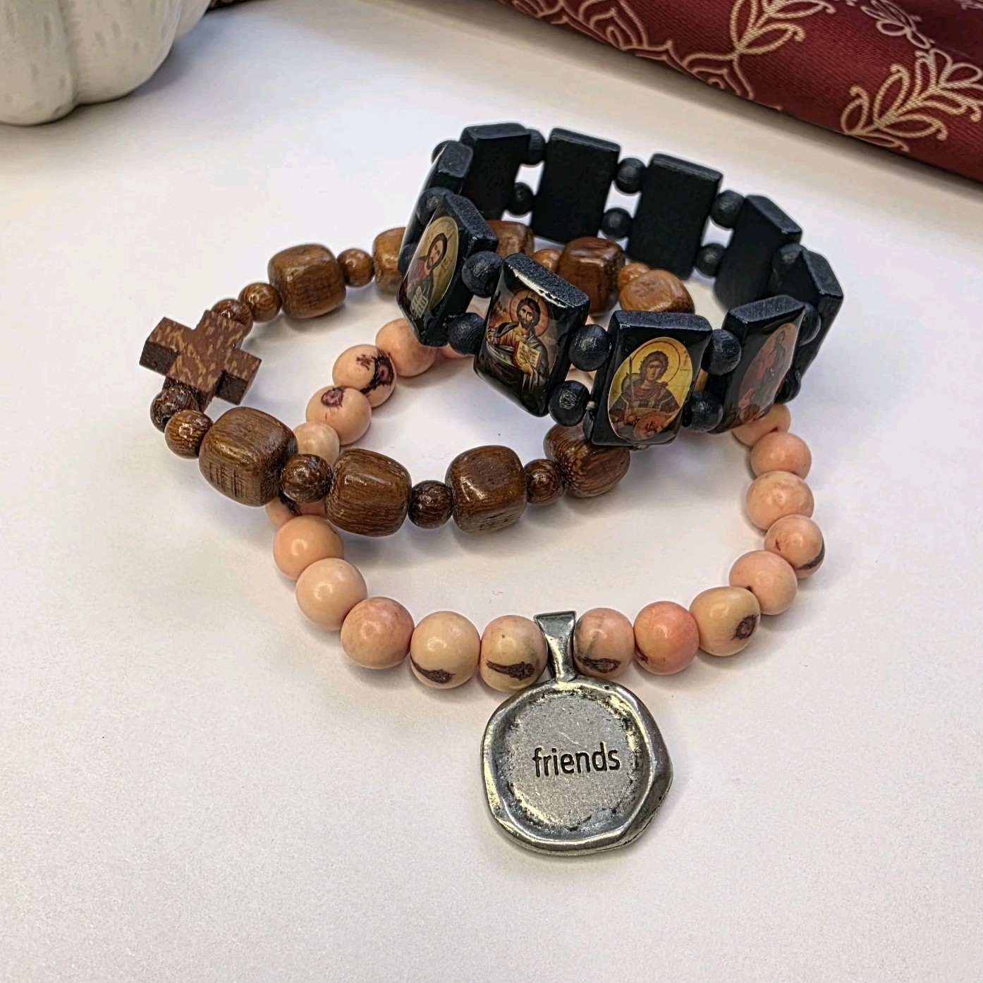 Set of 3 Beaded Stretch Bracelets Wood Metal Religious Friendship Dangle Charms