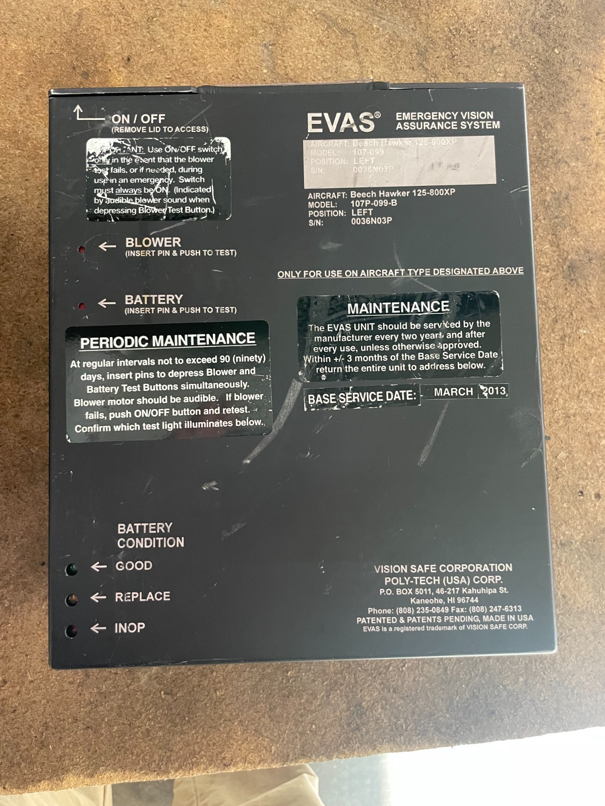 Vision Safe EVAS Emergency Vision Assurance System for Hawker 800XP
