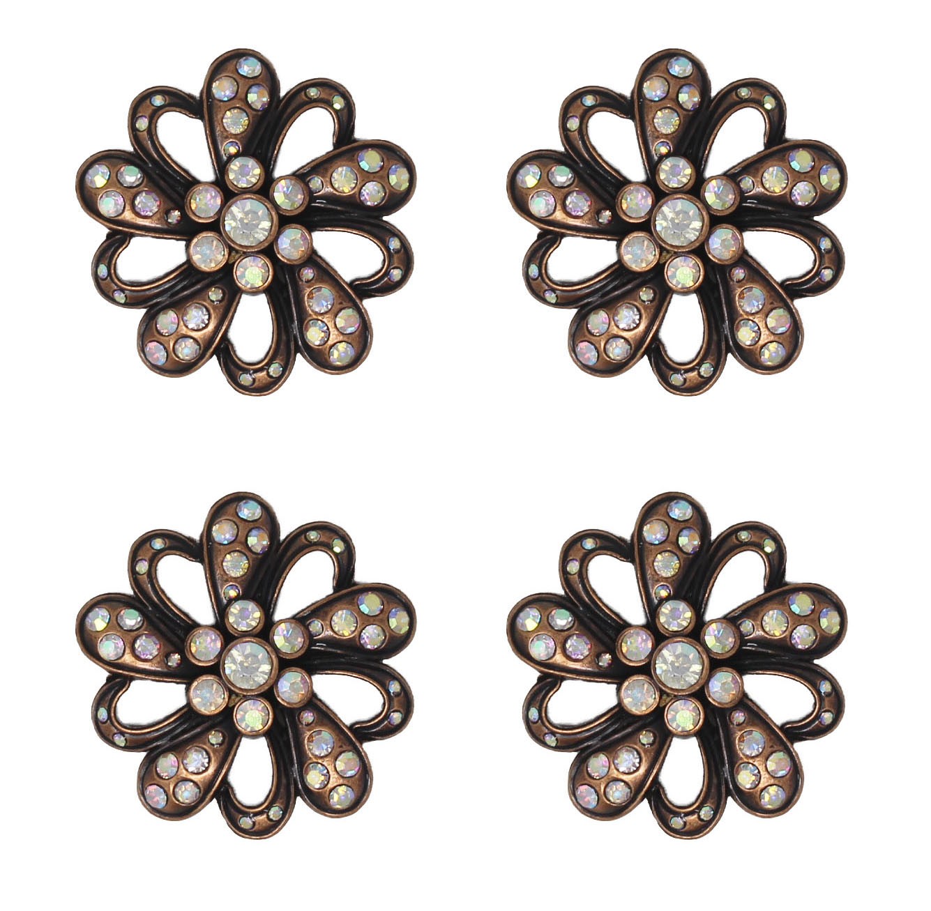 Set of (4) 1-1/2" Screw Back Conchos Antique Copper Floral Concho w/ Rhinestone