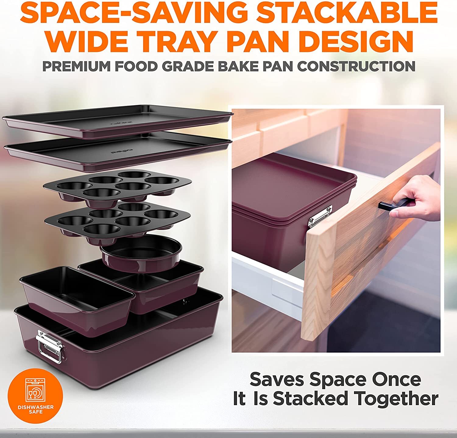 Nutrichef NCBKSTK5 8Pc Stackable Carbon Steel Bakeware-Red