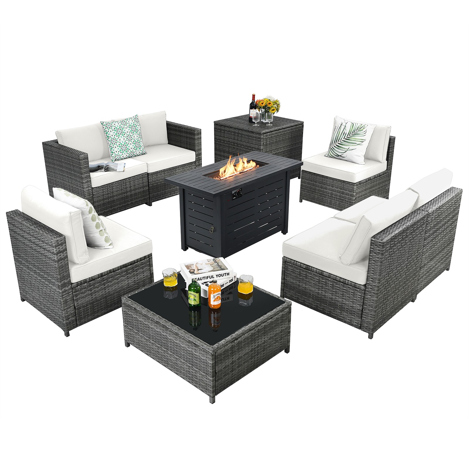 9PCS Wicker Sofa Rattan Furniture Set w/ 60,000 Btu Heater Propane Gas Fire Pit