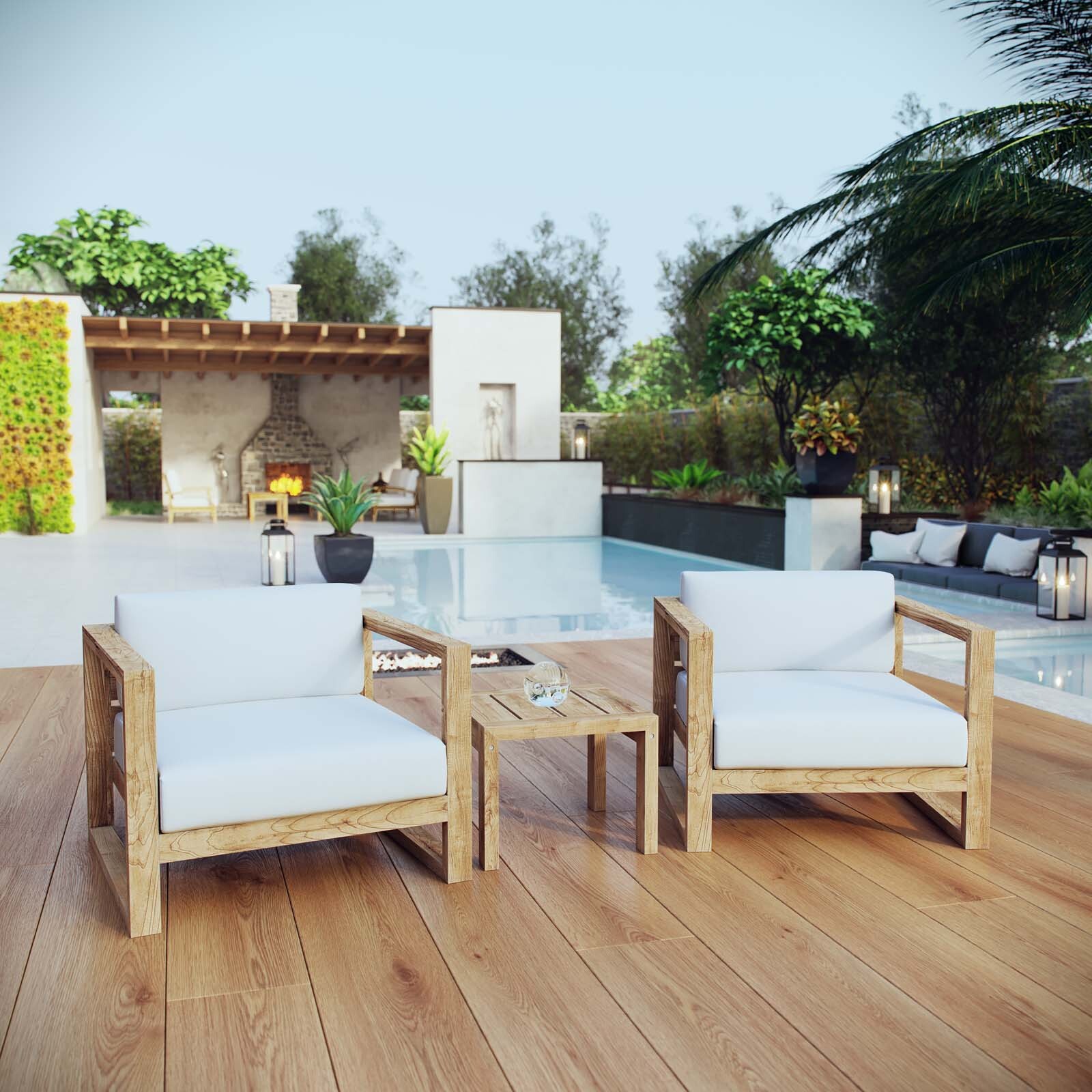 Modway Upland 3 Piece Outdoor Patio Teak Set in Natural White