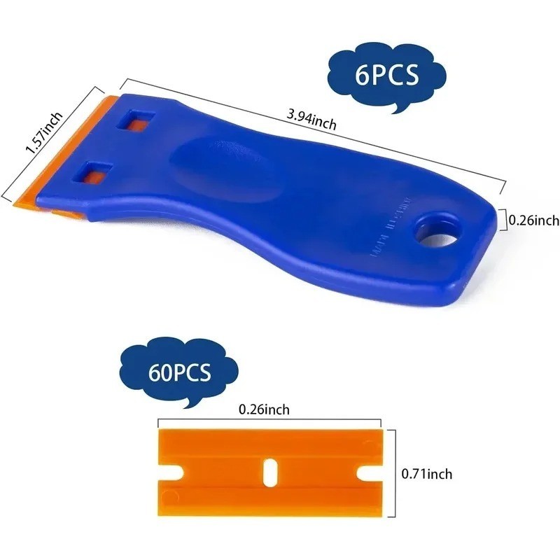 Plastic Razor Blade Scraper Set 6PCS + 60 Blades Car Window Sticker Remover Tool