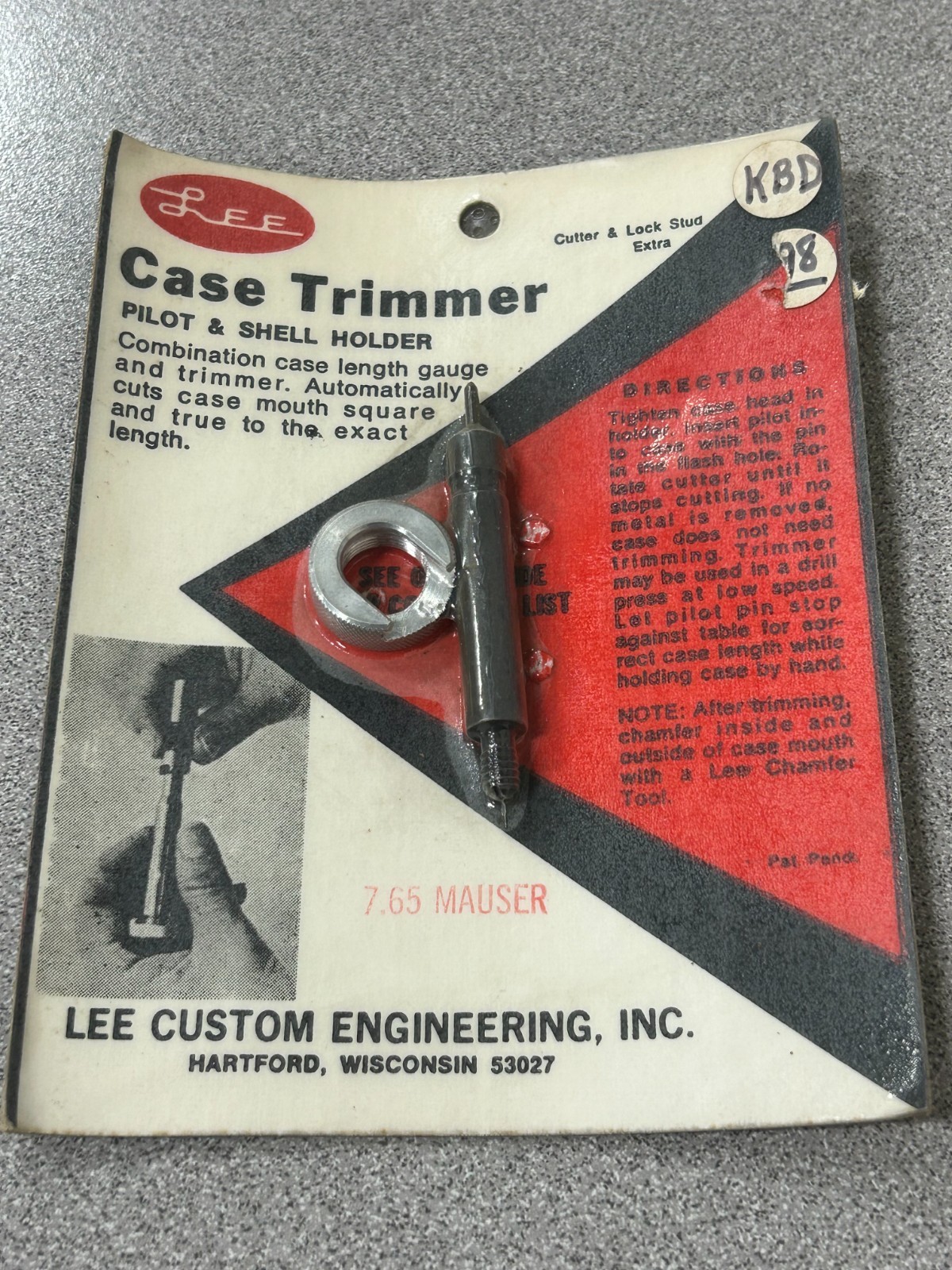 Vintage Lee case length gauge and shell holder for trimmer 7.65 Mauser NOS