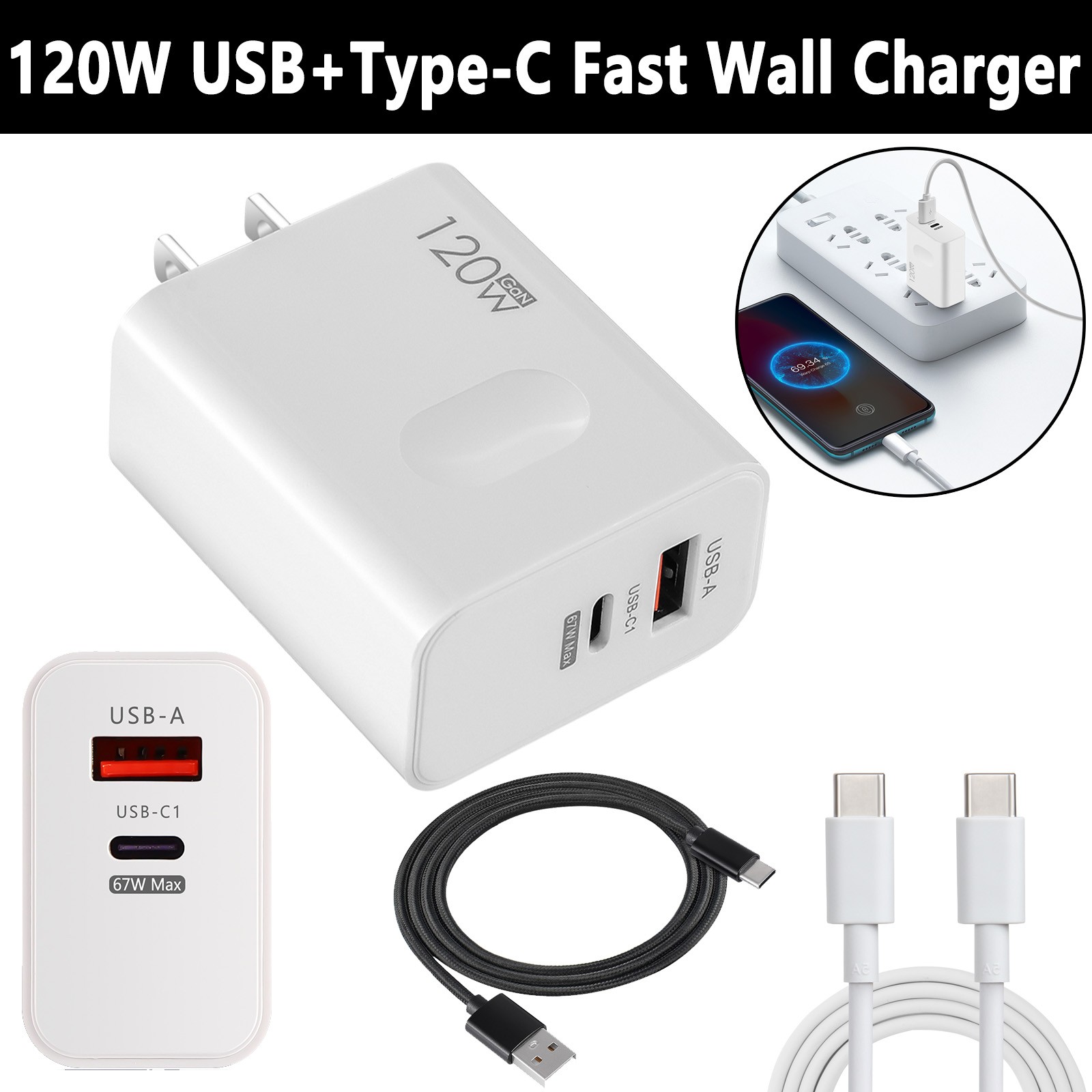 USB Charger Plug QC3.0 Fast Charging USB 120W Power Adapter Wide Voltage Charger