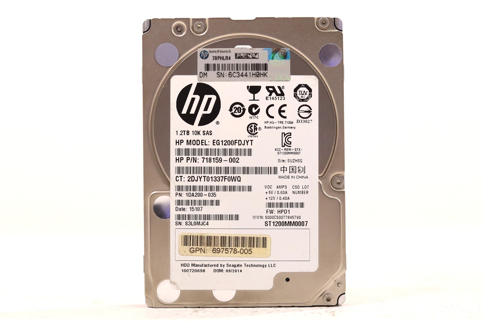 HP EG1200FDJYT 1.2TB 2.5" 6Gb/s 64MB 10K RPM SAS HDD P/N: 697578-005 Tested