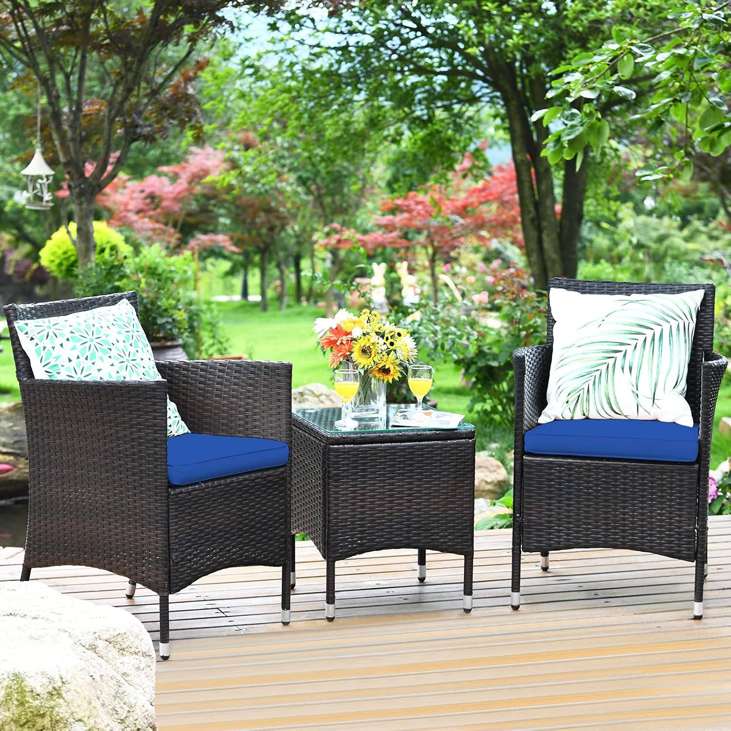 Navy 3-Piece Outdoor Wicker Conversation Set with Glass Table & Cushions