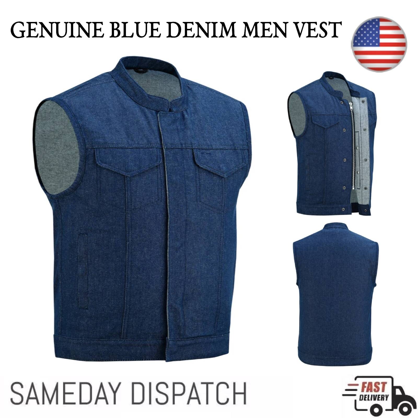 Genuine Cut off Blue Denim Men Vest Waistcoat Gilet Biker Motorcycle Jeans Vest