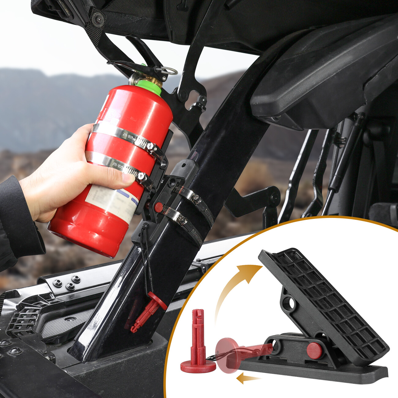 UTV Fire Extinguisher Mount Holder Quick Release Roll Bar with 4 Fixing Clips