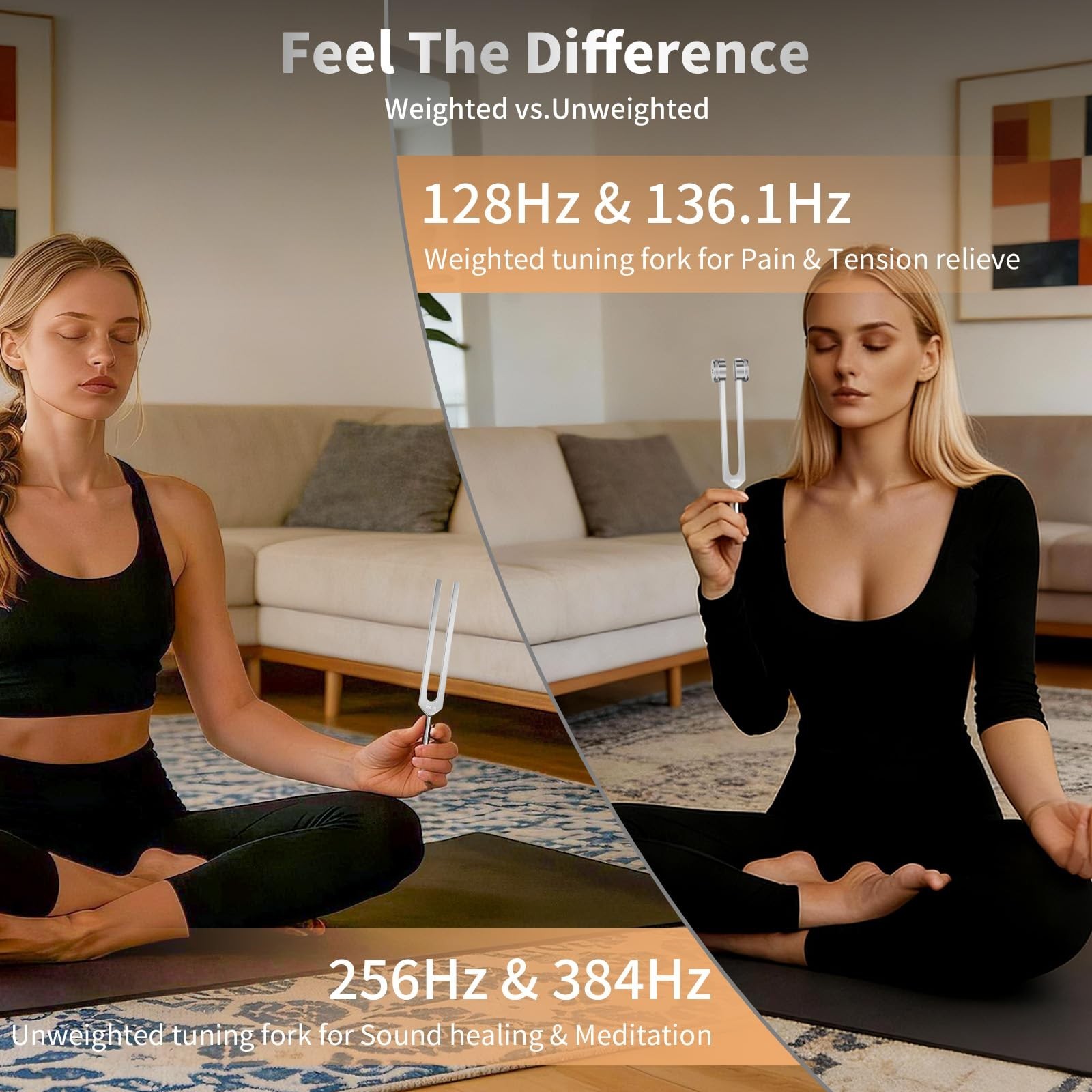 Tuning Forks for Healing Set - 128Hz, 136.1Hz, 256Hz, 384Hz, Weighted & Unwei...