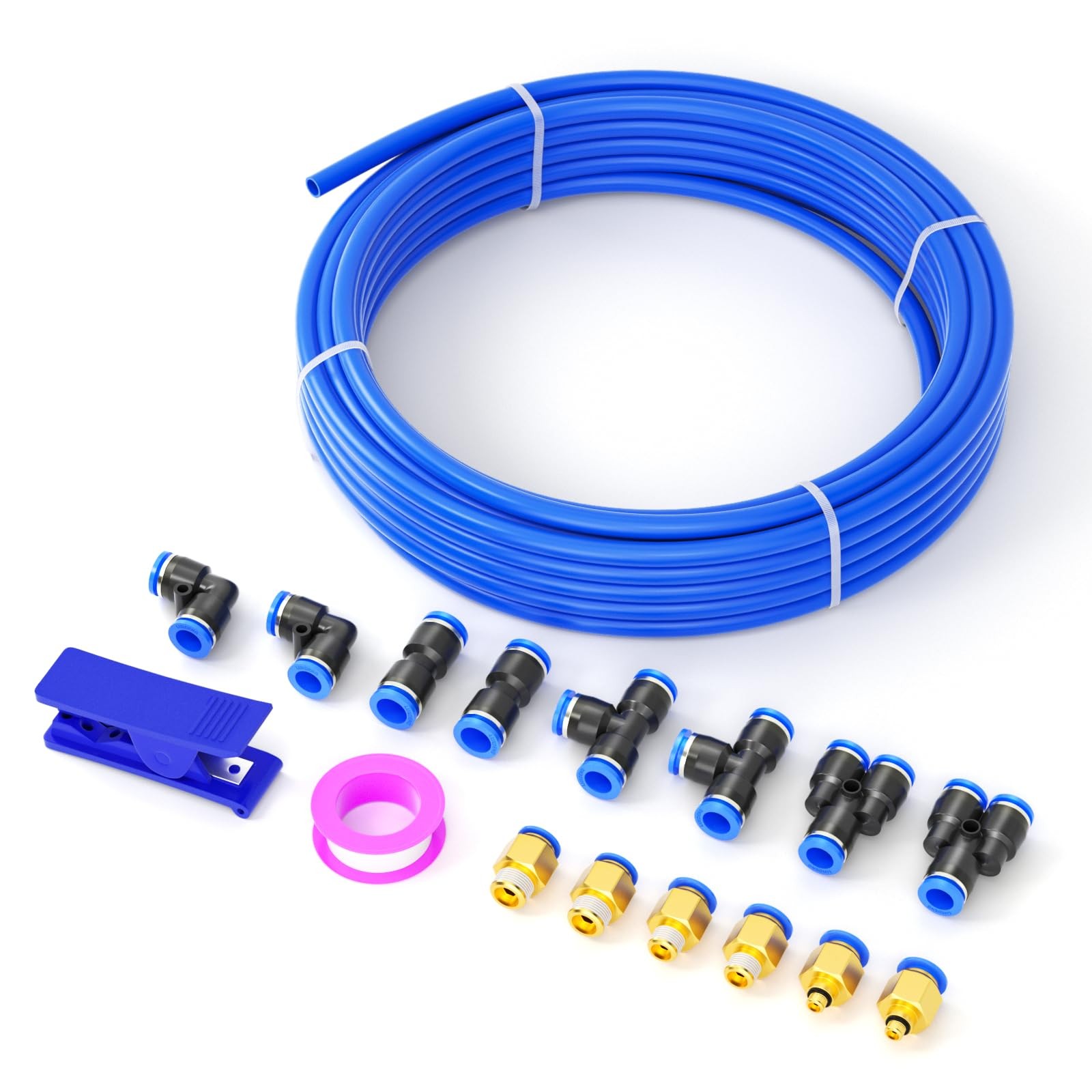 17 PCS 4MM OD Blue Polyurethane PU Air Hose Line Kits 10 Meter 32.8 Ft Connect