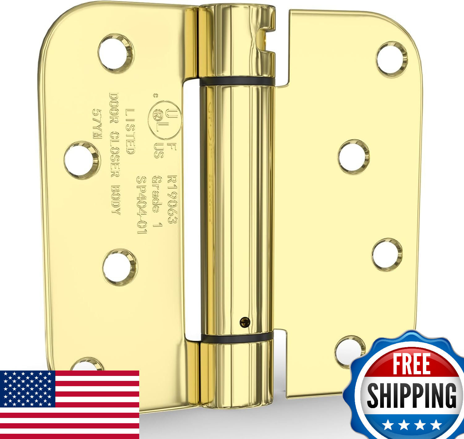 Goldenwarm 6 Pack 4 Inch Polished Brass Self-Closing Door Hinges 5/8" Radius